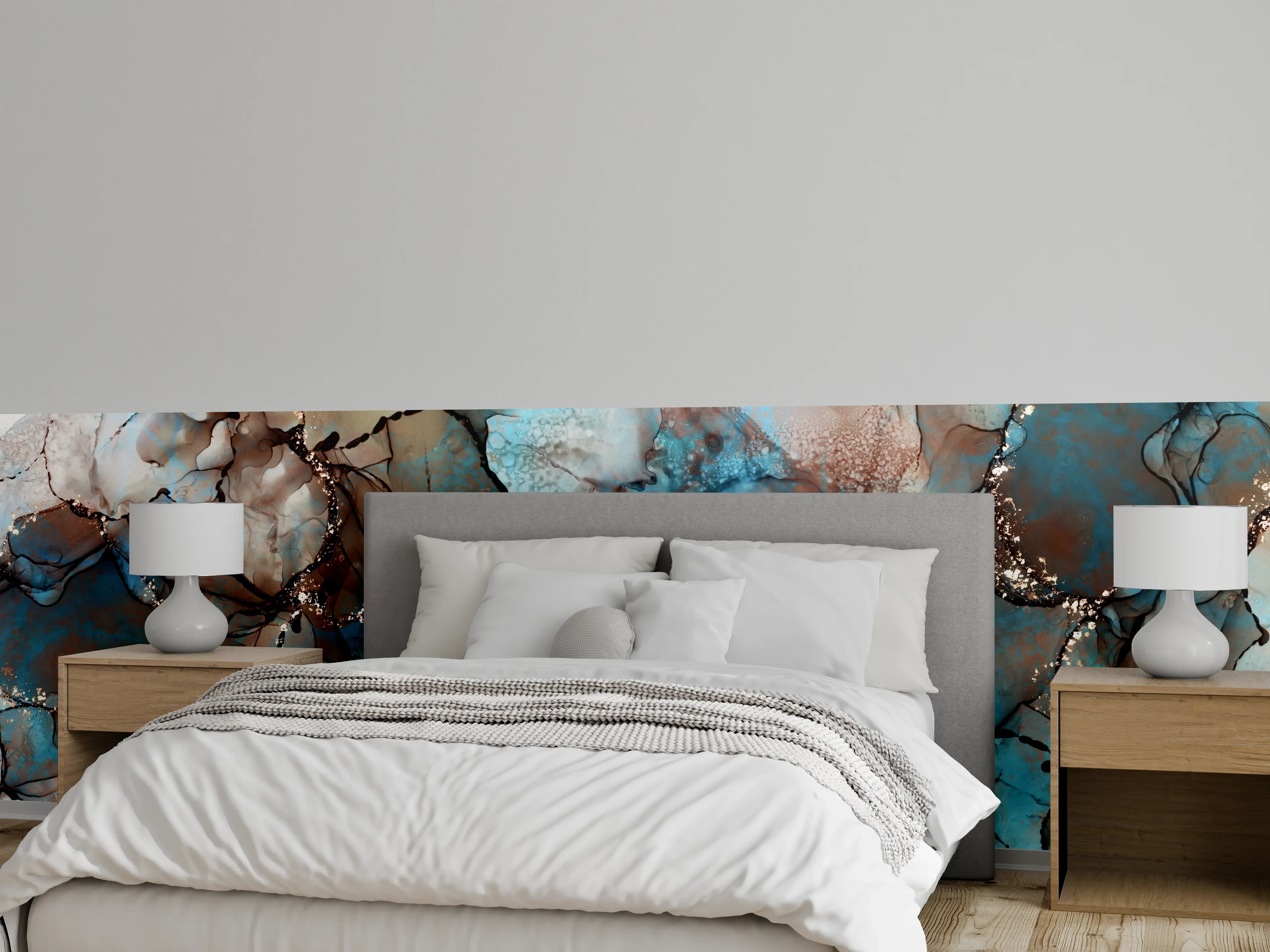 Wandverkleidung Schlafzimmer - Abstrakte Marmoroptik: Blau, Braun & Gold