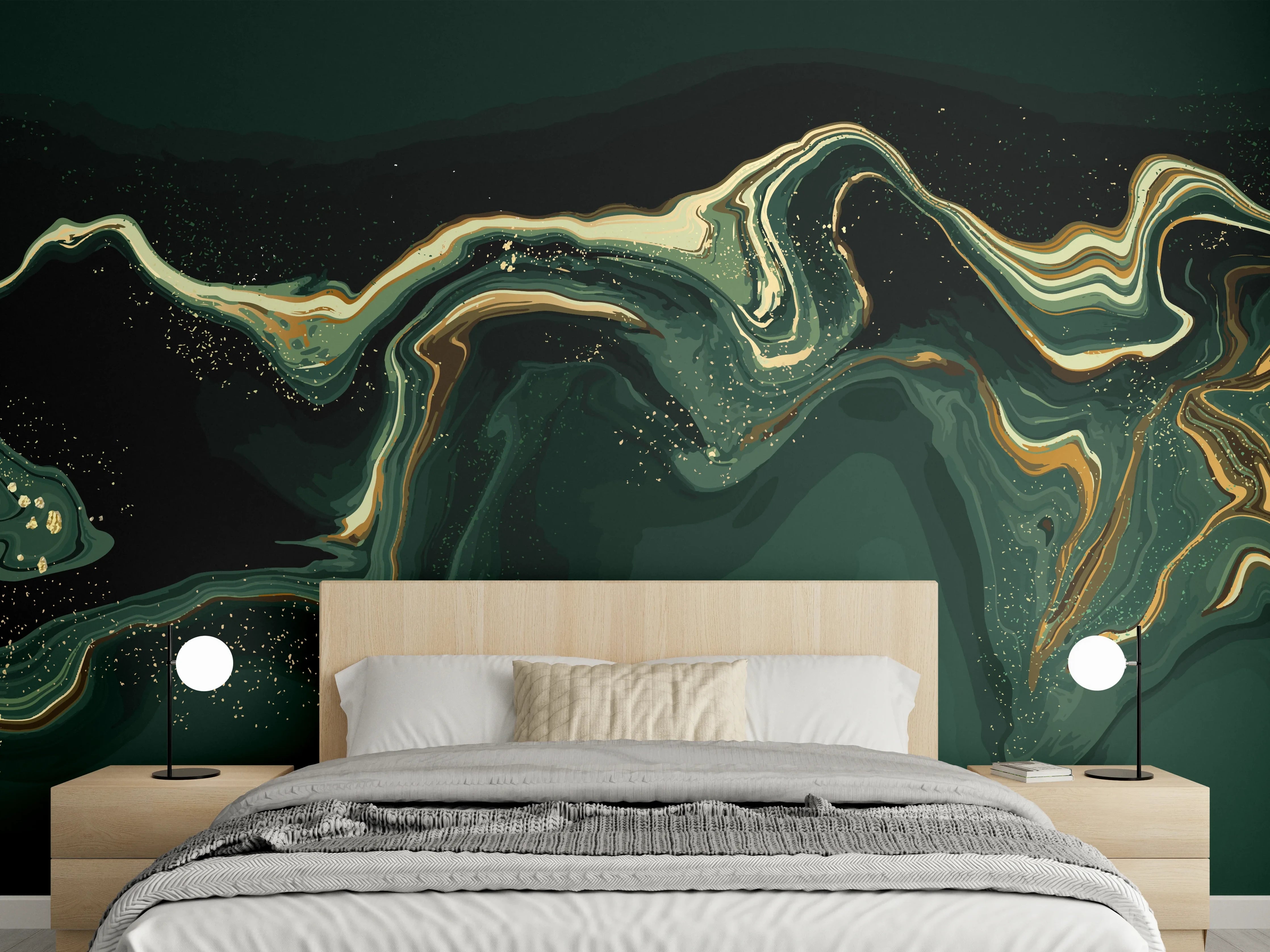 Wandverkleidung Schlafzimmer - Abstrakte Marmortextur in Goldgrün