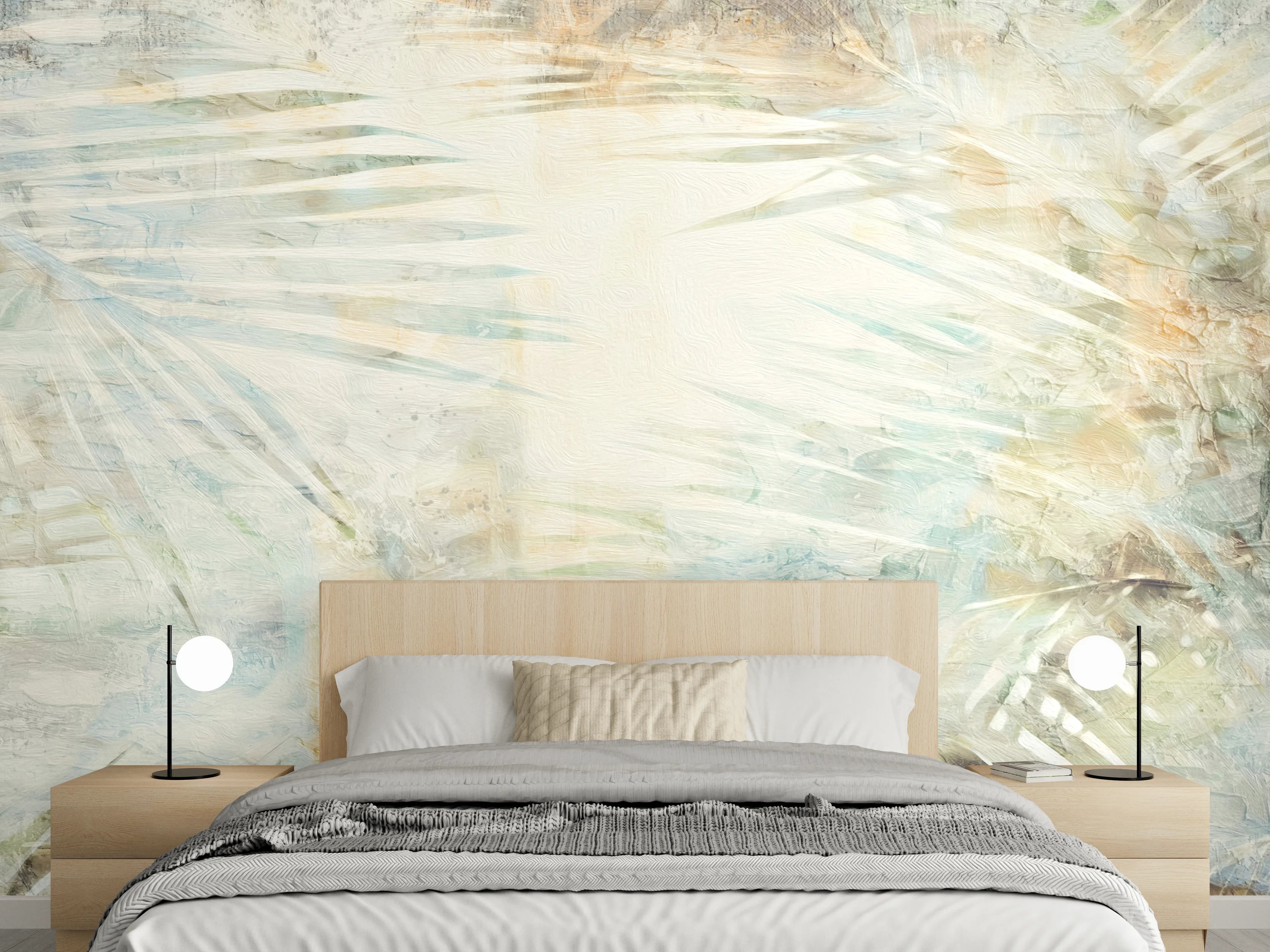 Wandverkleidung Schlafzimmer - Abstrakte Palmen Blätter beige weiß