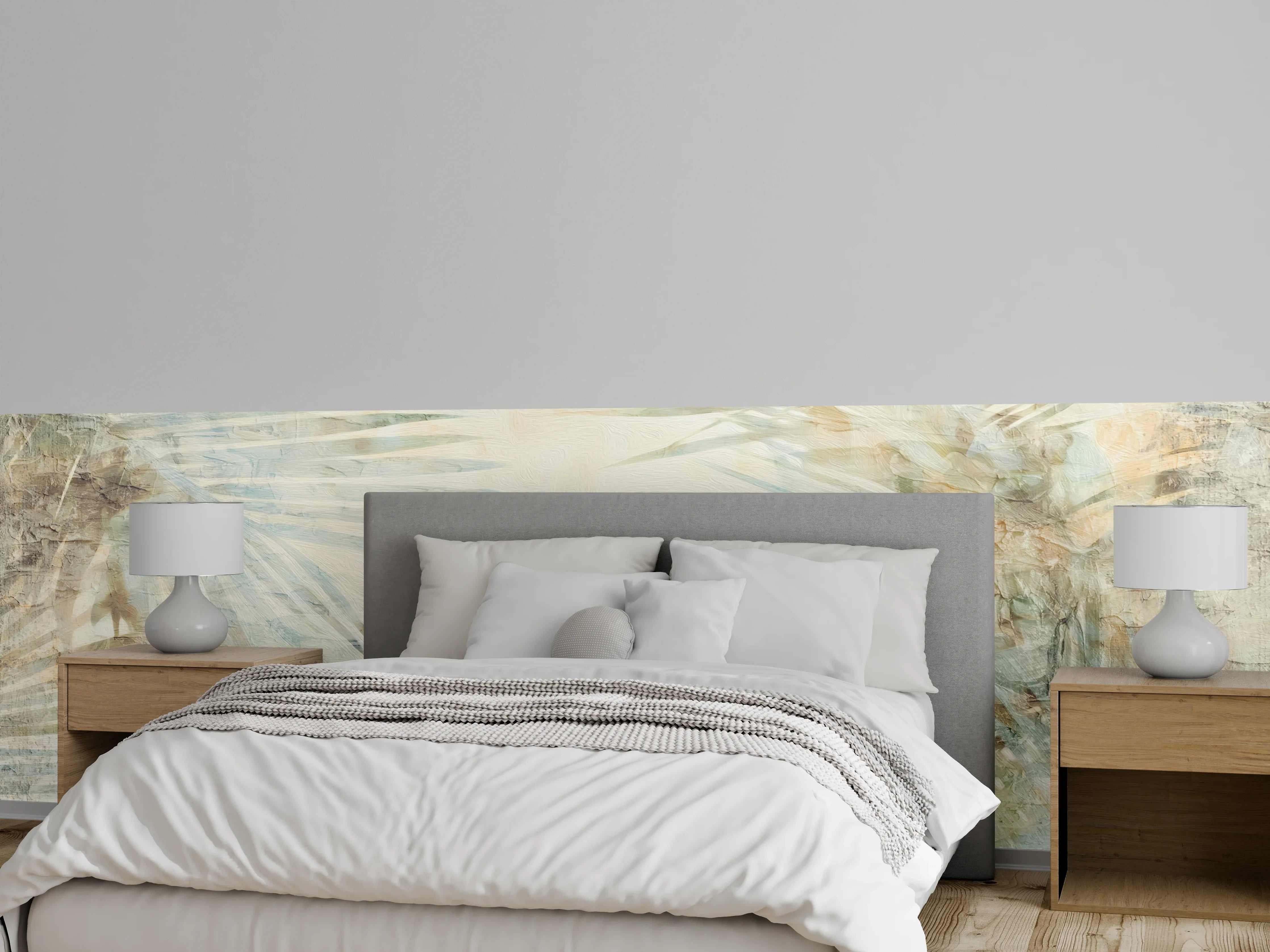 Wandverkleidung Schlafzimmer - Abstrakte Palmen Blätter beige weiß