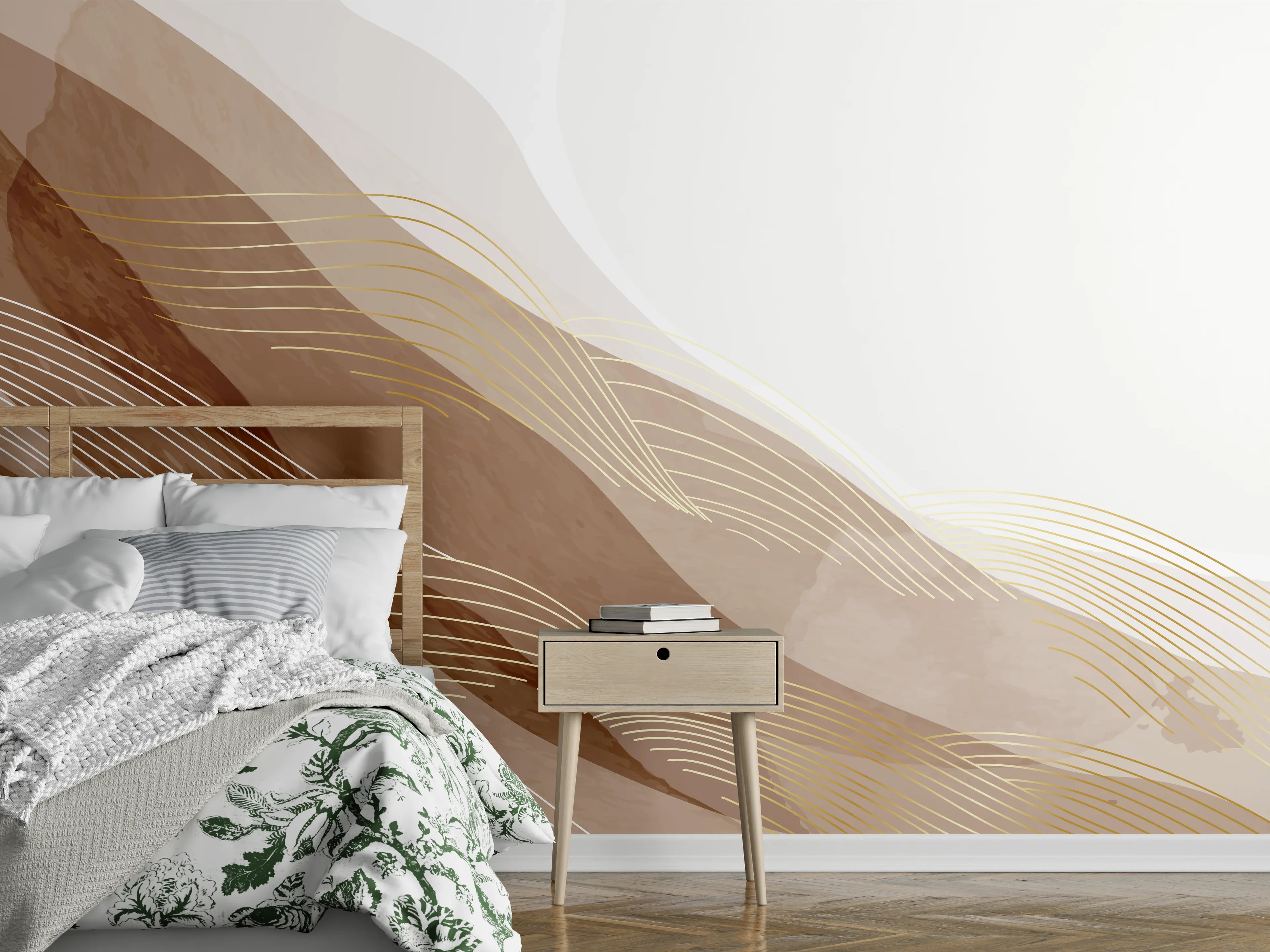 Wandverkleidung Schlafzimmer - Abstrakte Sandwellen Lineart Braun Beige