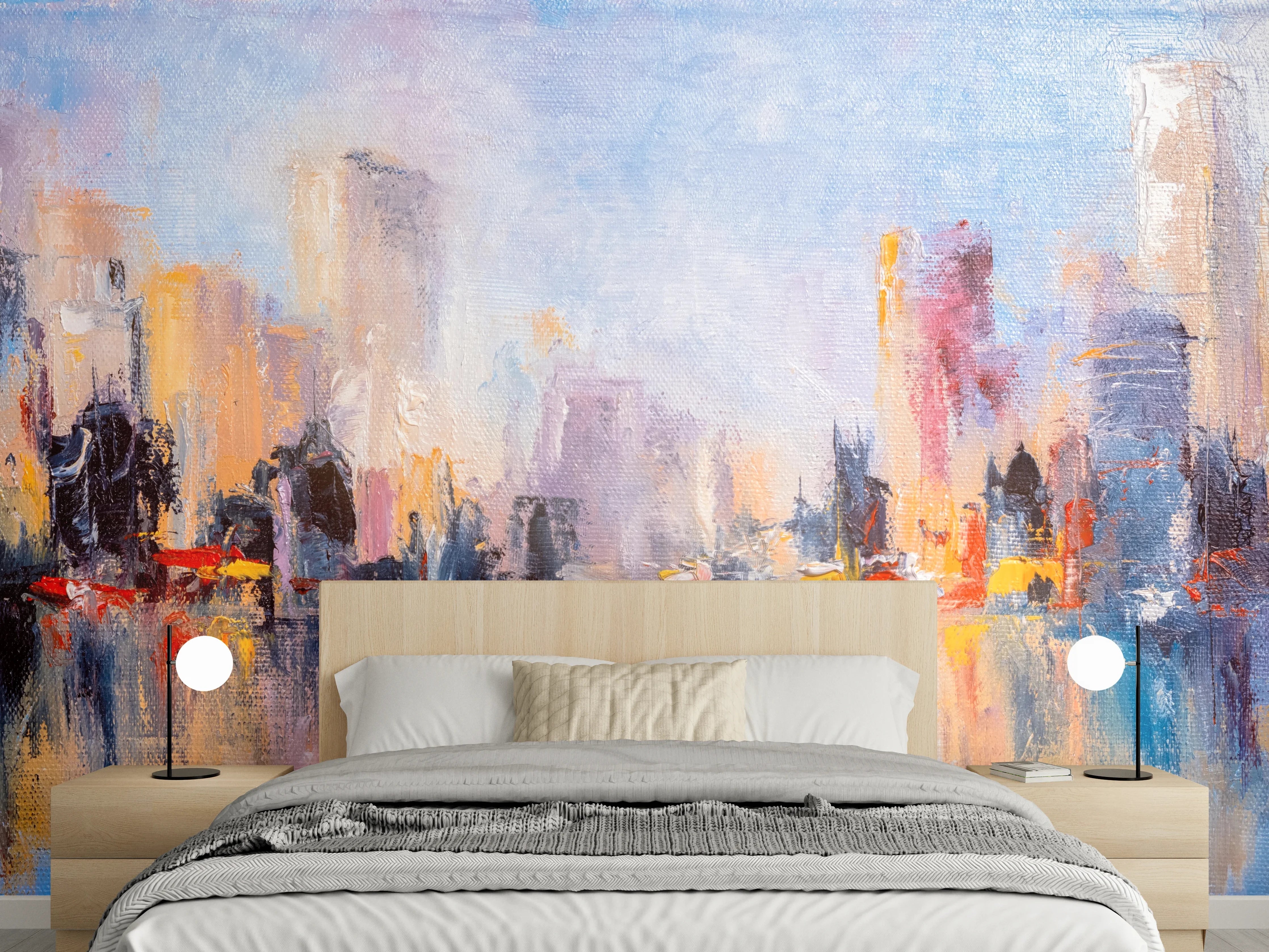 Wandverkleidung Schlafzimmer - Abstrakte Skyline Stadt Panorama Motiv