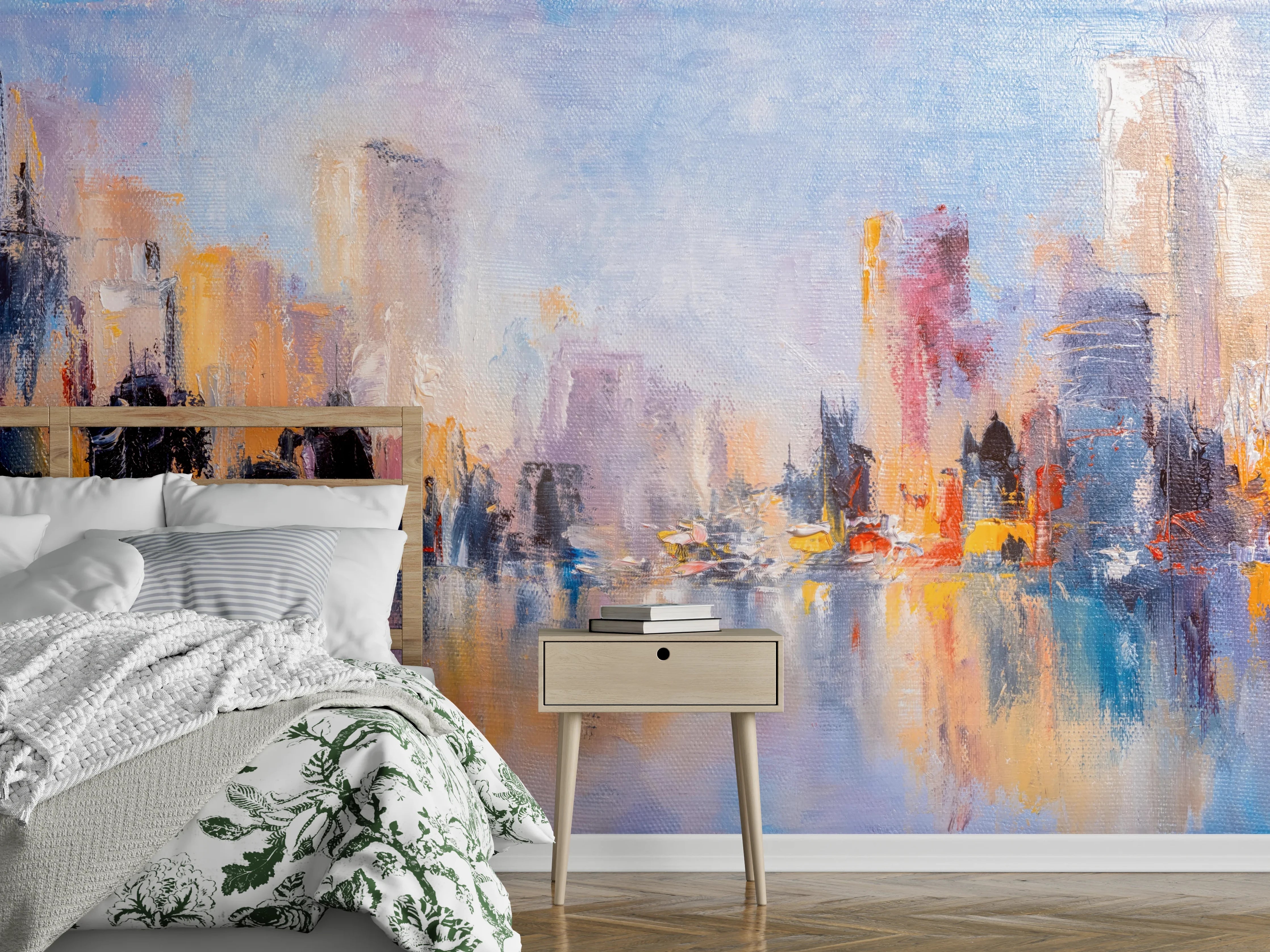 Wandverkleidung Schlafzimmer - Abstrakte Skyline Stadt Panorama Motiv