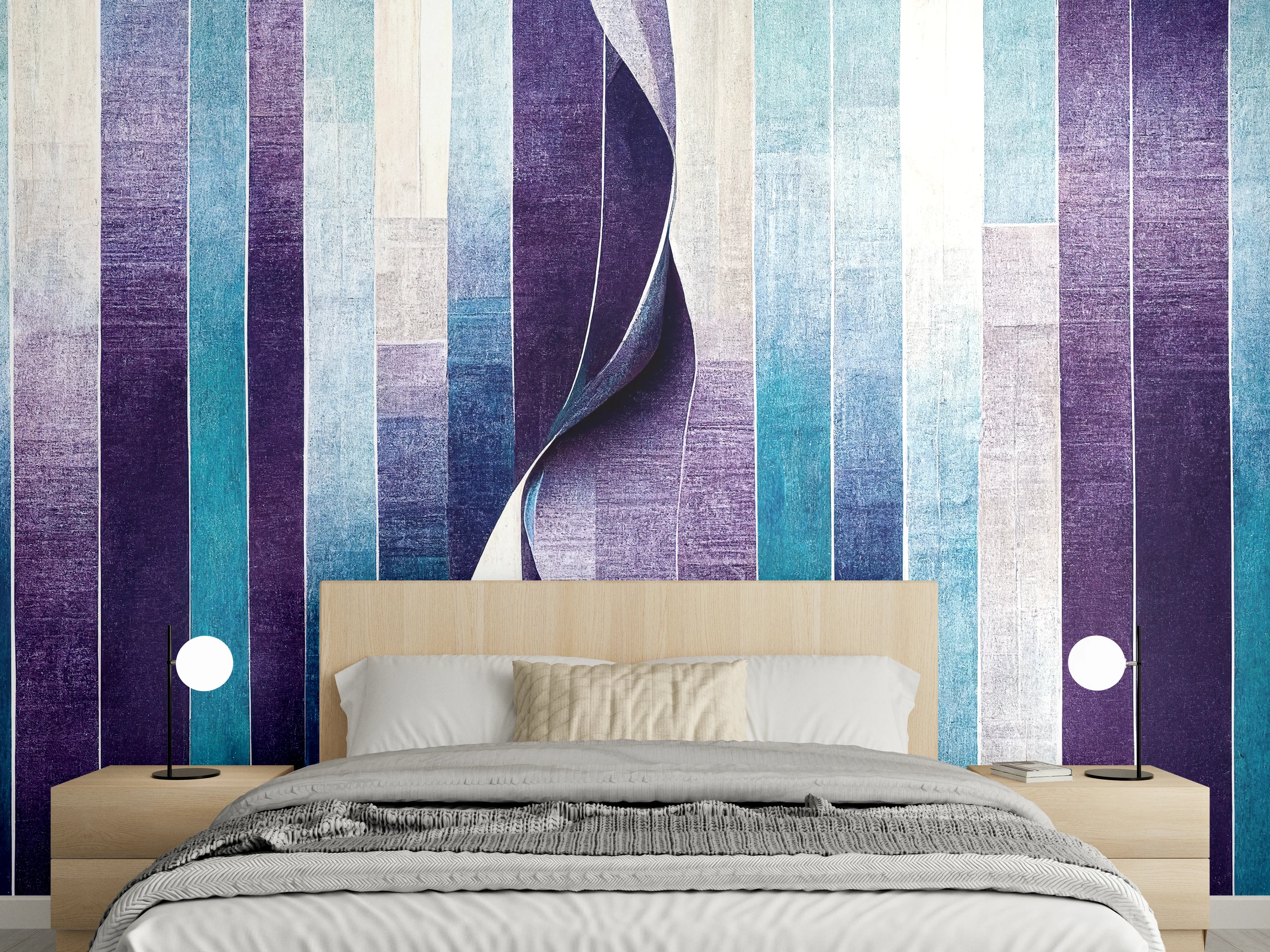 Wandverkleidung Schlafzimmer - Abstrakte Streifen in Blau und Violett