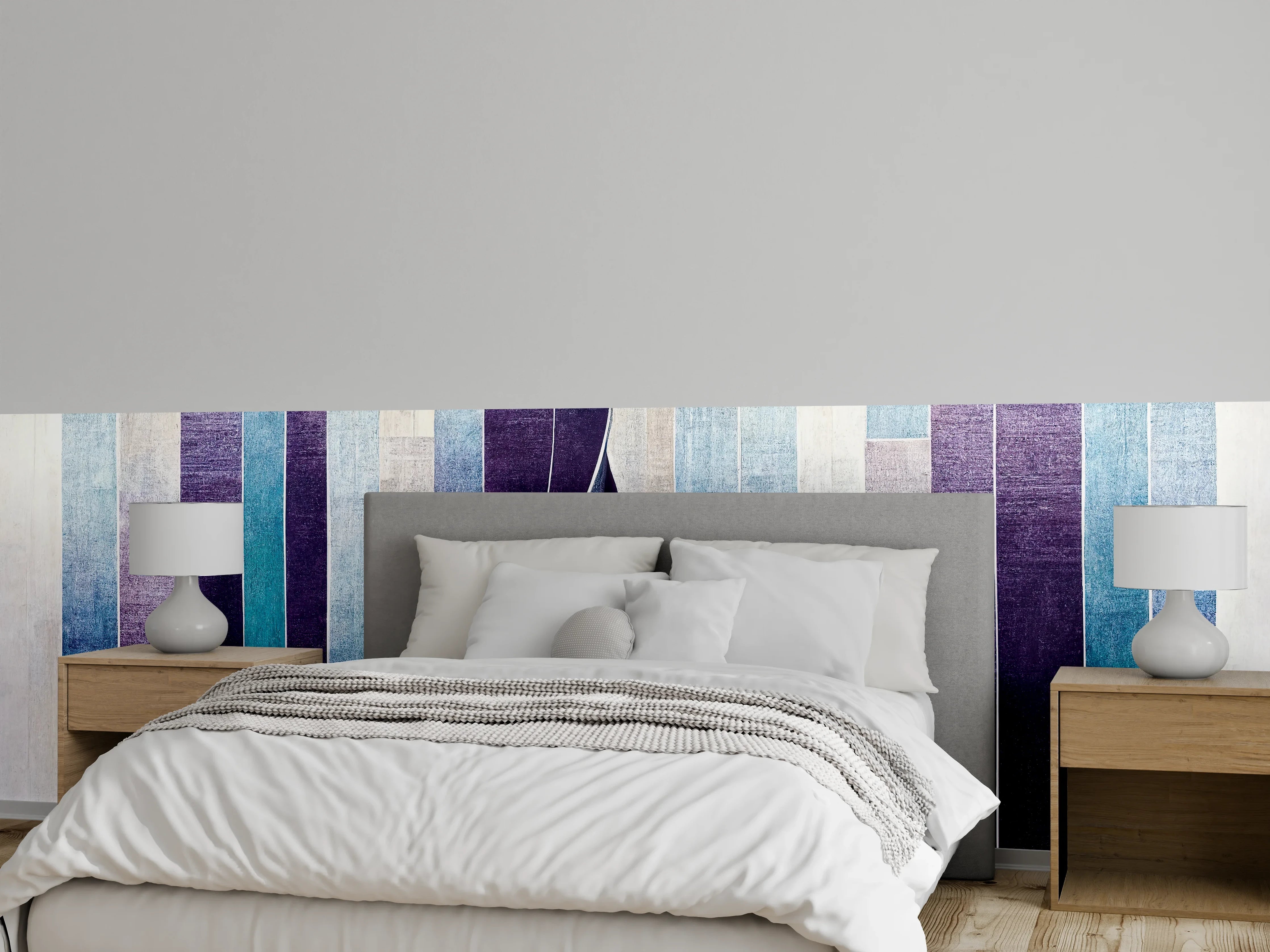 Wandverkleidung Schlafzimmer - Abstrakte Streifen in Blau und Violett