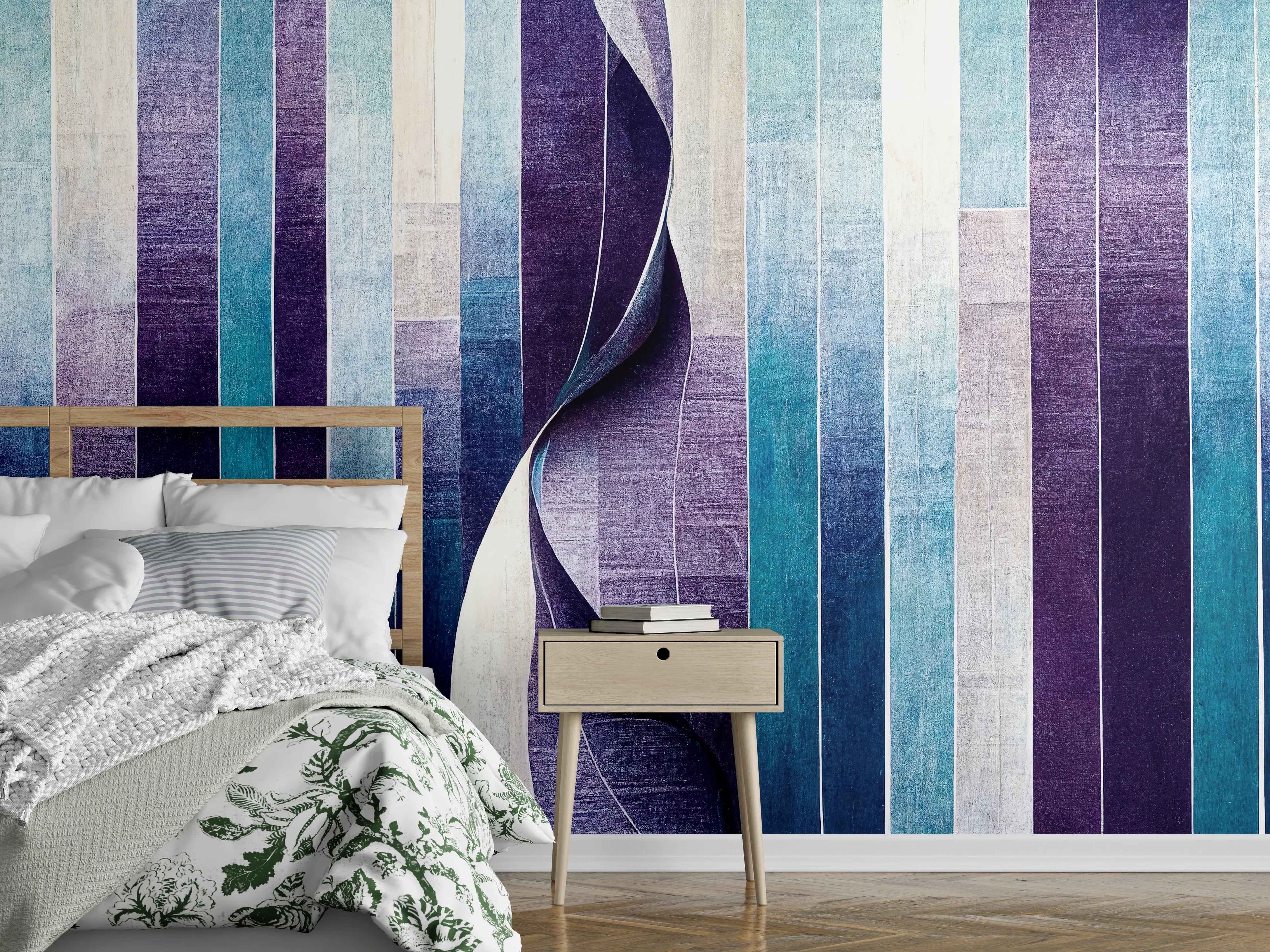 Wandverkleidung Schlafzimmer - Abstrakte Streifen in Blau und Violett
