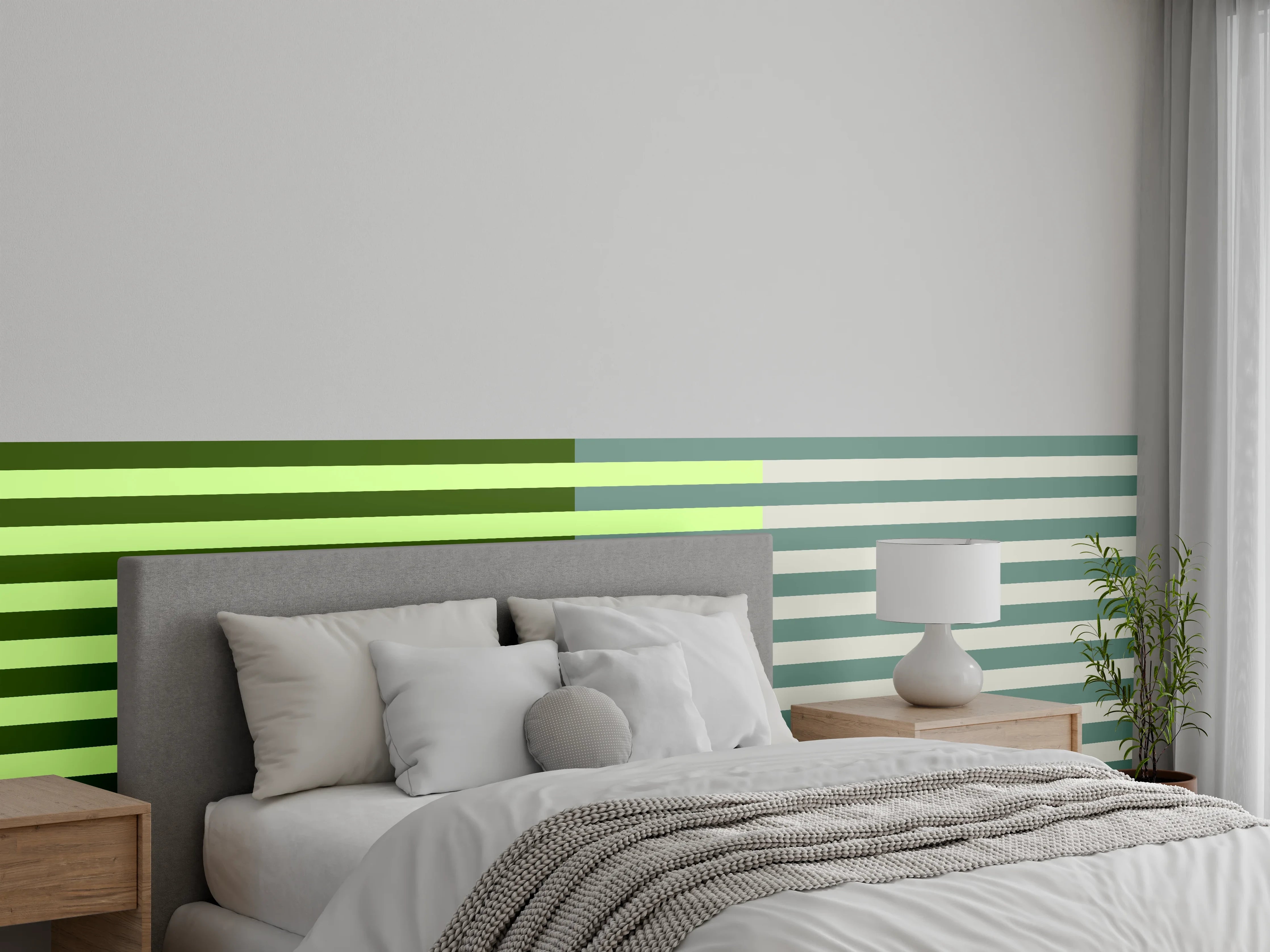 Wandverkleidung Schlafzimmer - Abstrakte Streifen in Grüntönen