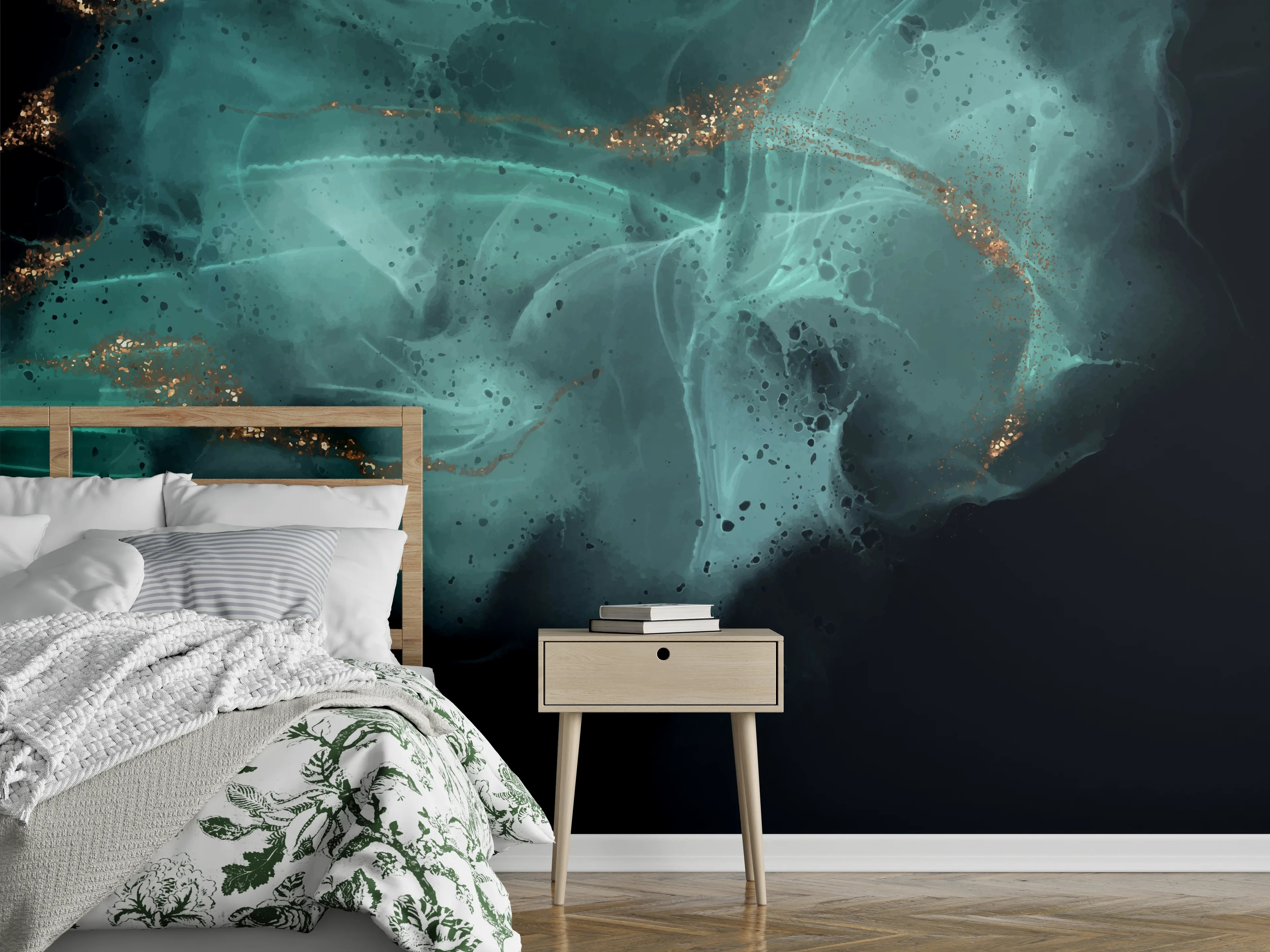 Wandverkleidung Schlafzimmer - Abstrakte Türkis-Gold Wanddeko