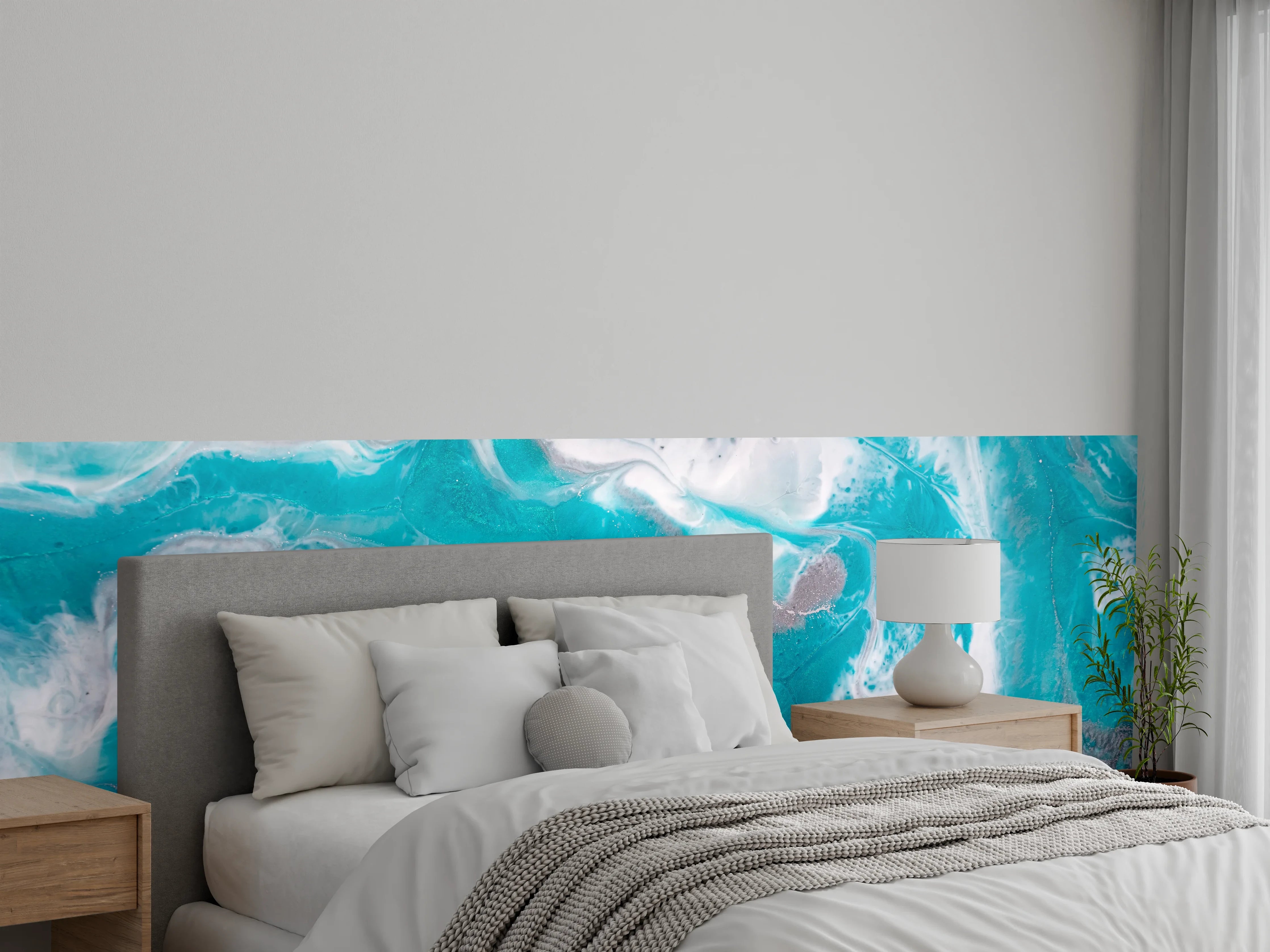Wandverkleidung Schlafzimmer - Abstrakte Türkis-Marmor-Optik mit Weiß