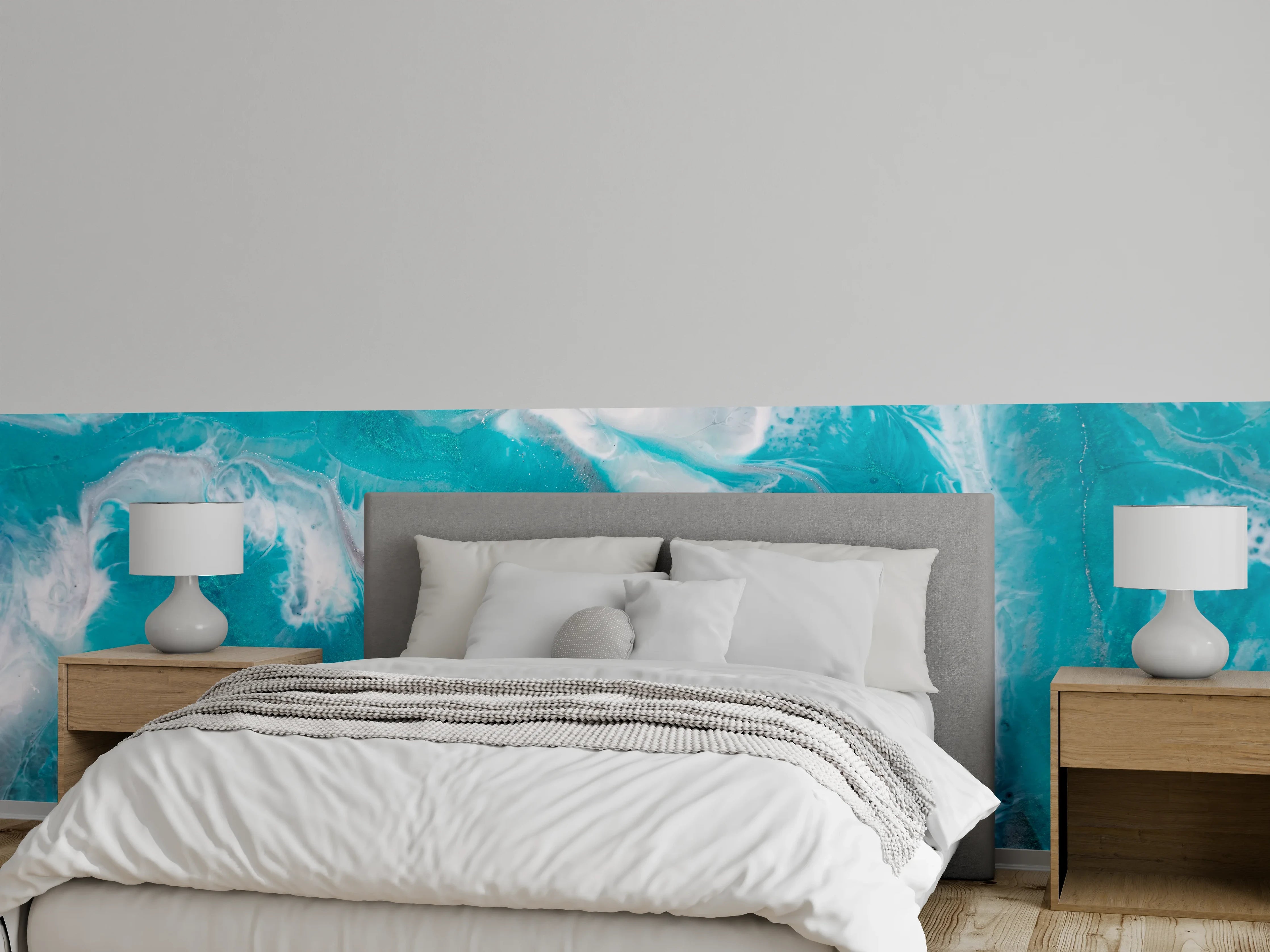 Wandverkleidung Schlafzimmer - Abstrakte Türkis-Marmor-Optik mit Weiß
