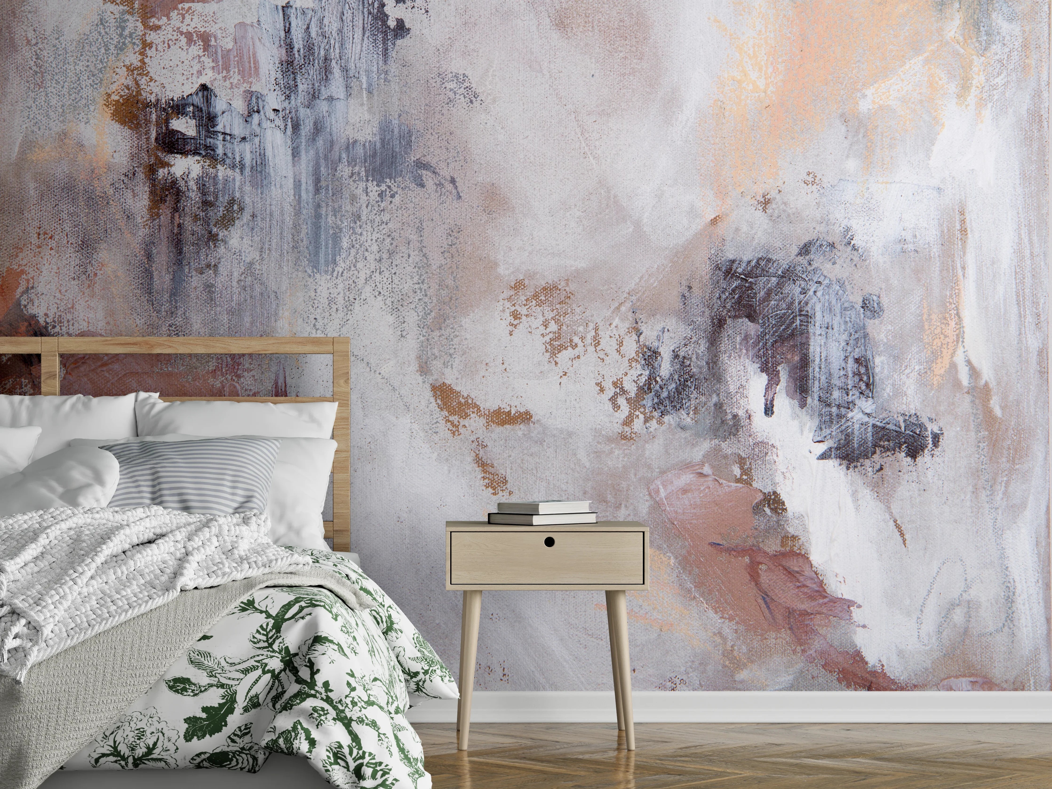 Wandverkleidung Schlafzimmer - Abstrakte Wandgestaltung Weiß Grau Beige