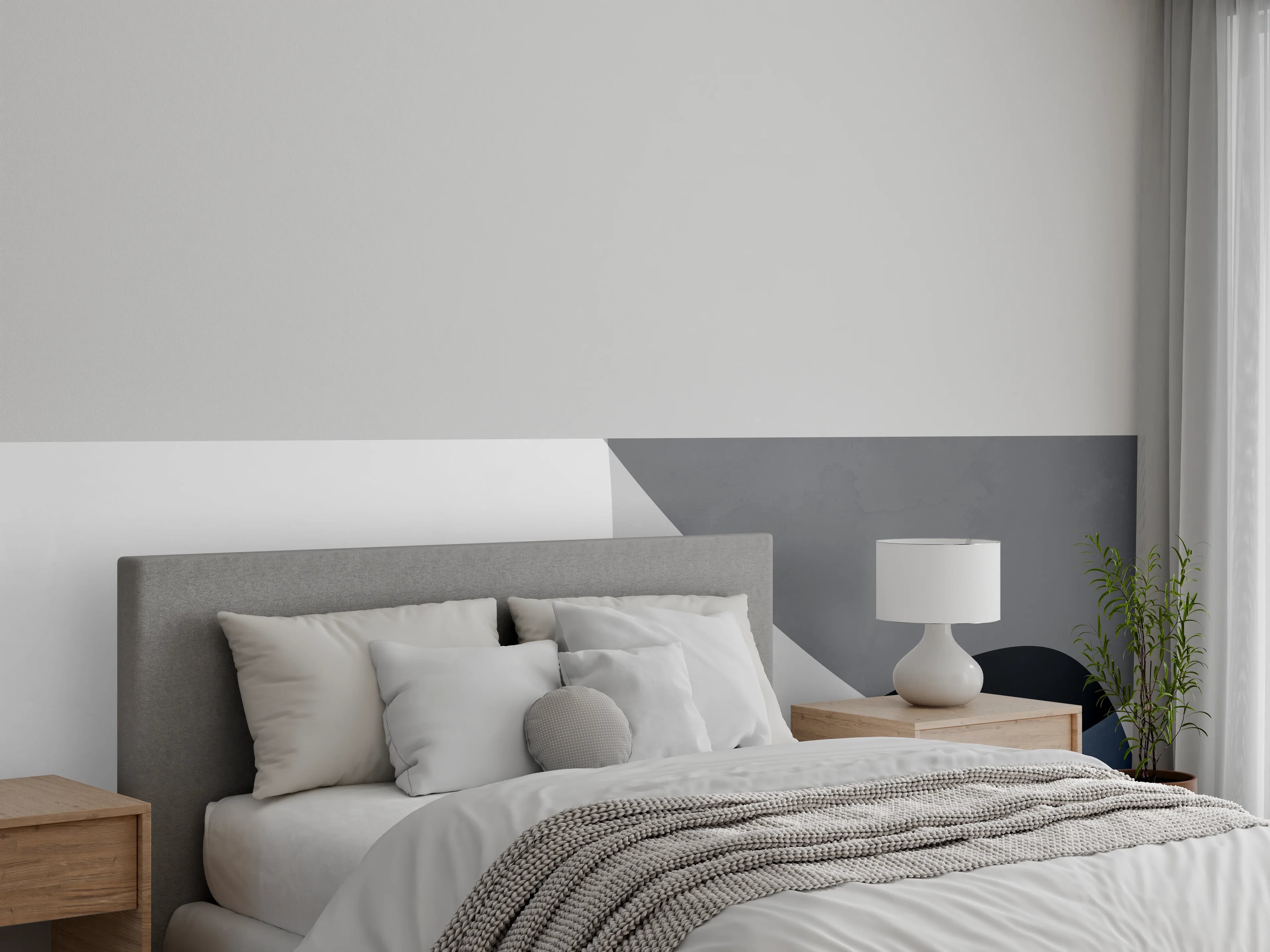 Wandverkleidung Schlafzimmer - Abstrakte Wandgestaltung in Blau und Grau
