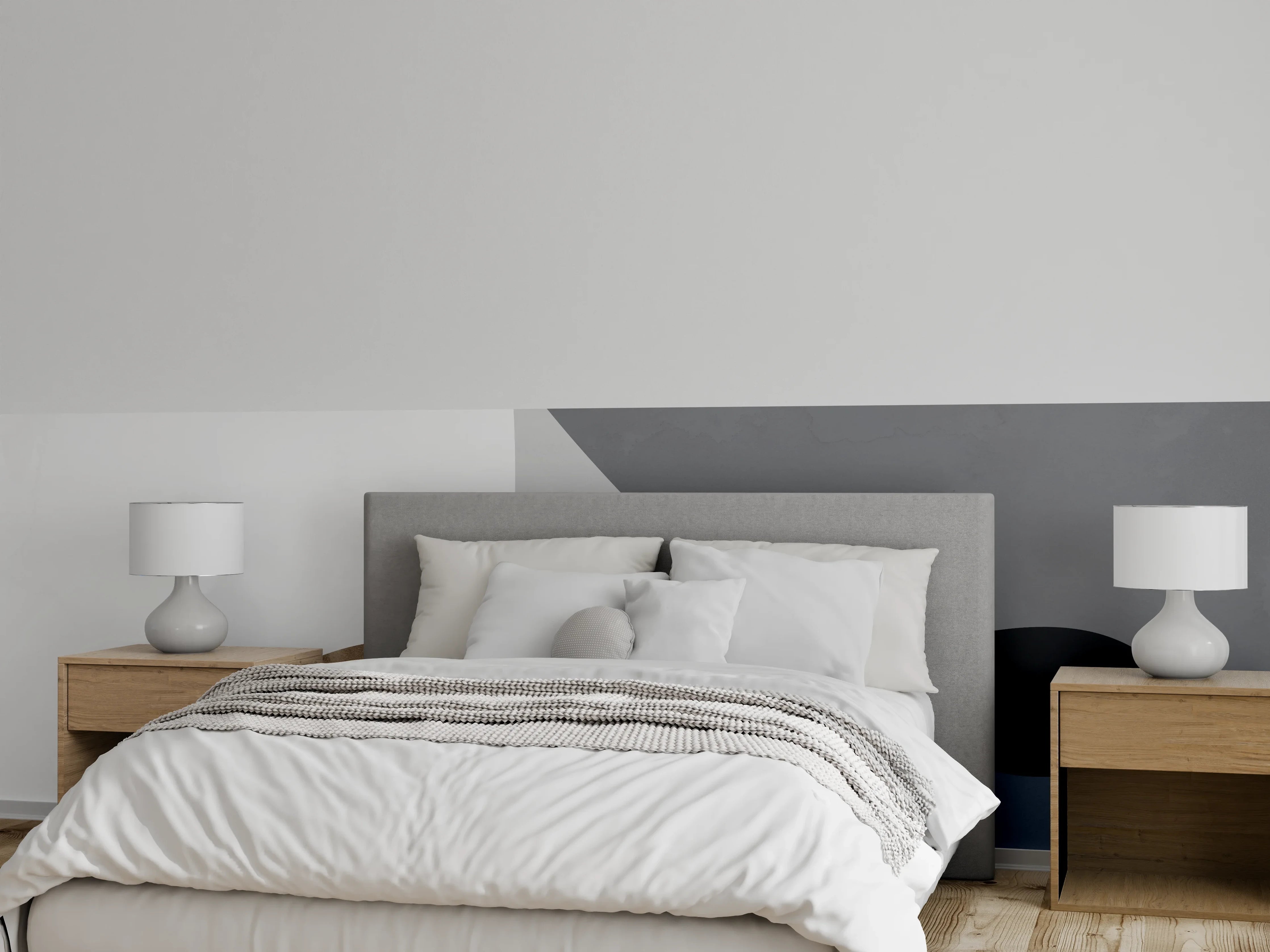 Wandverkleidung Schlafzimmer - Abstrakte Wandgestaltung in Blau und Grau
