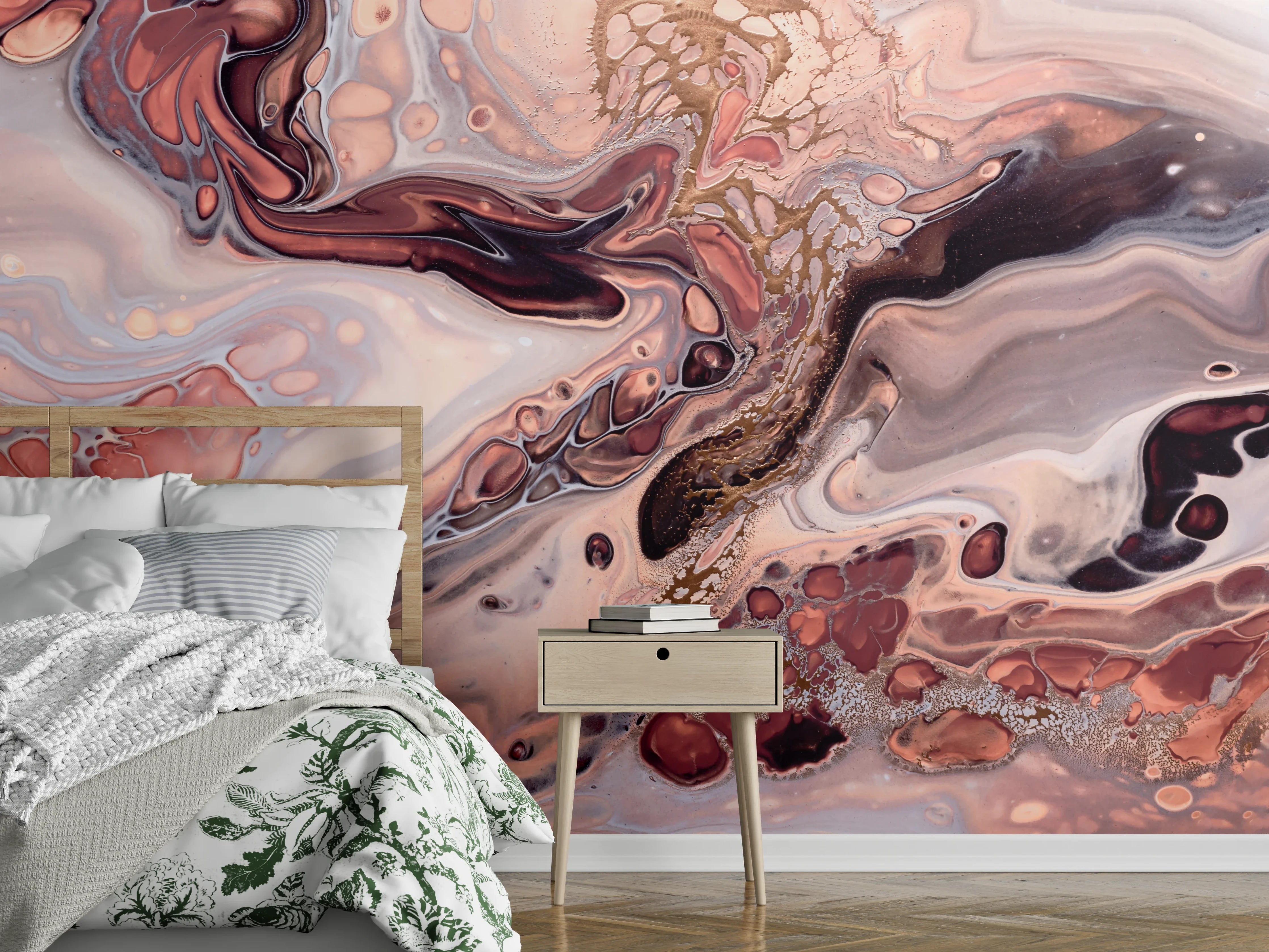 Wandverkleidung Schlafzimmer - Abstrakte Wandgestaltung in Nude und Bronze