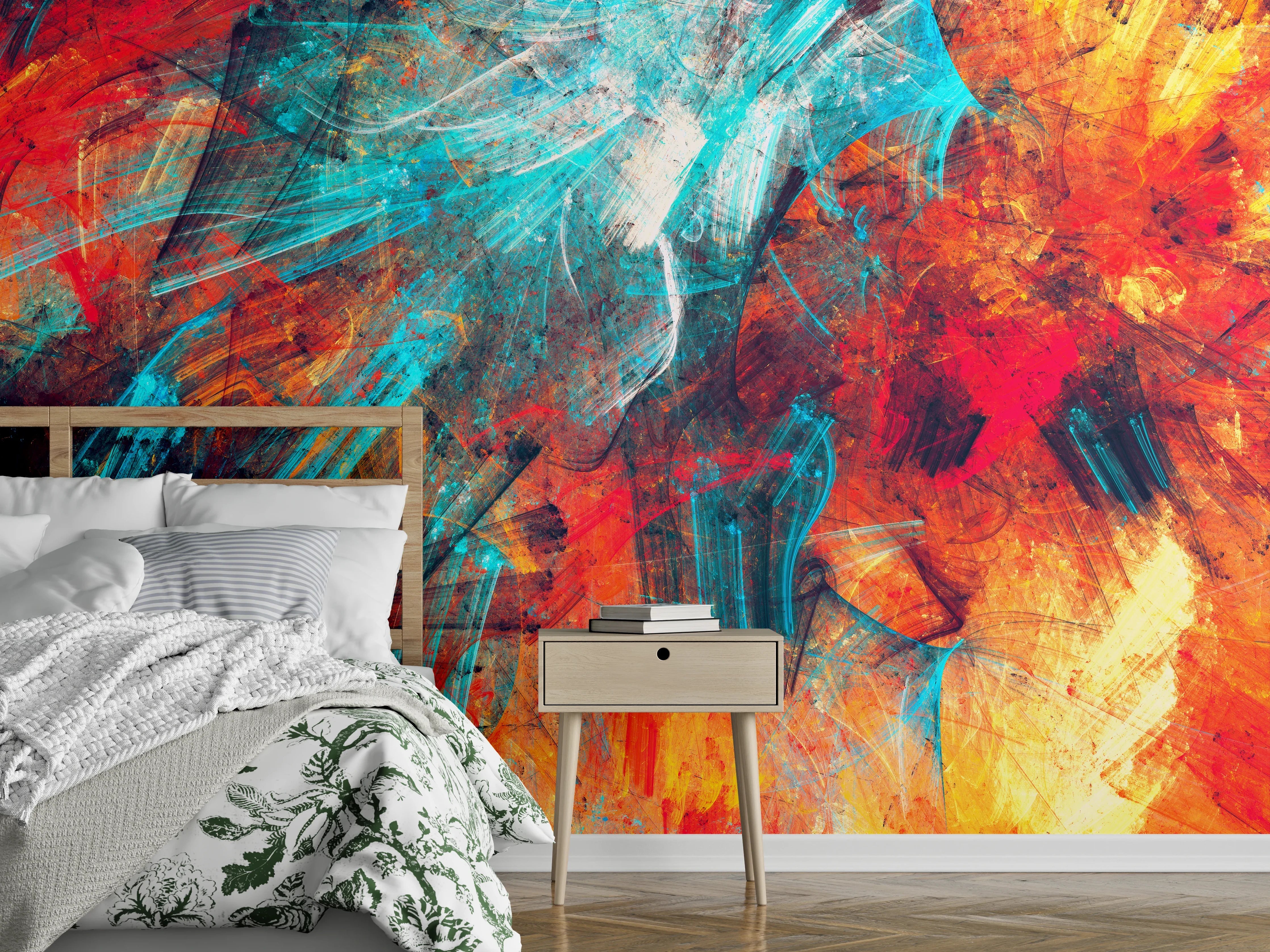 Wandverkleidung Schlafzimmer - Abstrakte Wandkunst in Blau und Orange