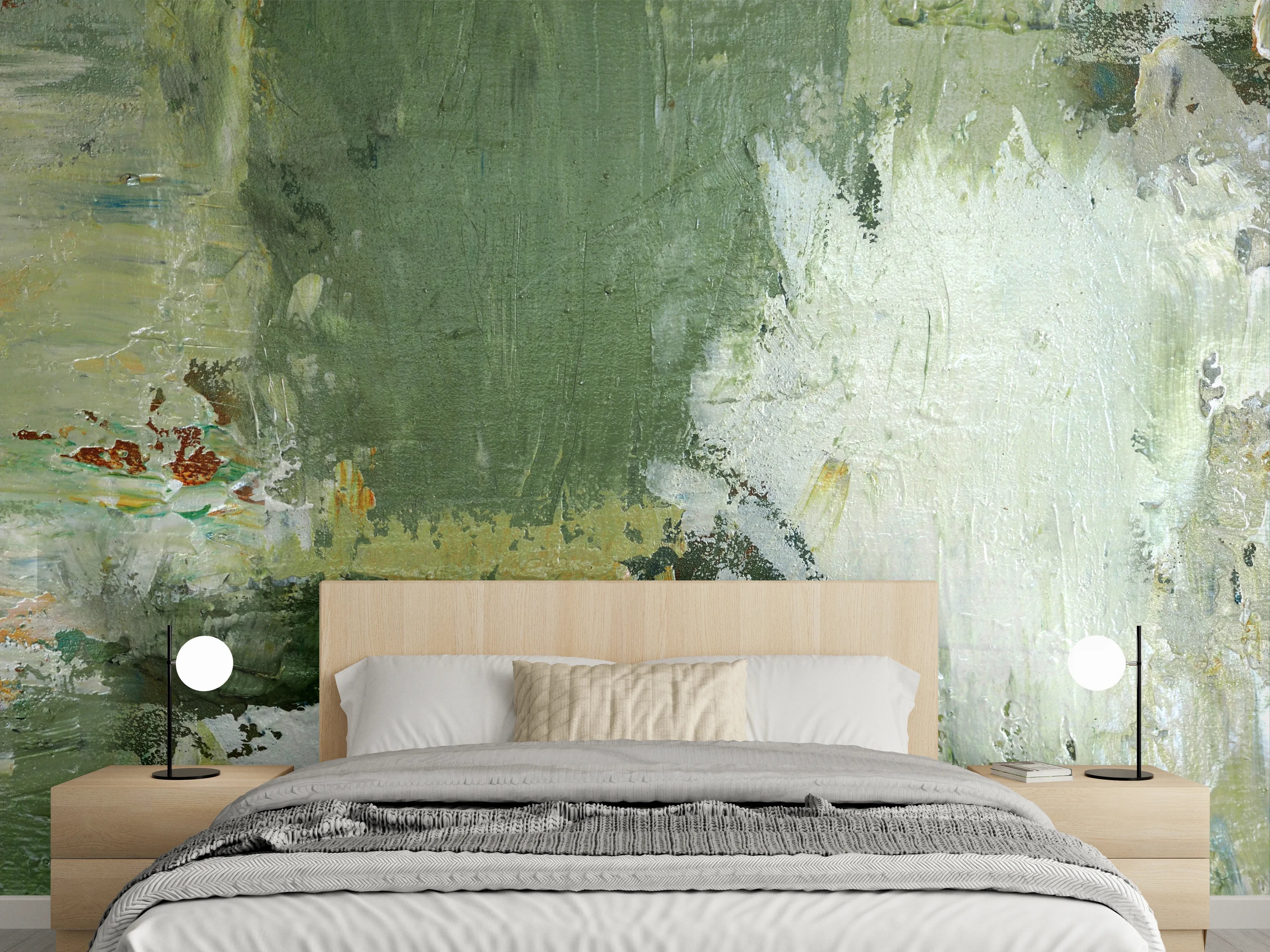 Wandverkleidung Schlafzimmer - Abstrakte Wandkunst in Grün und Weiß