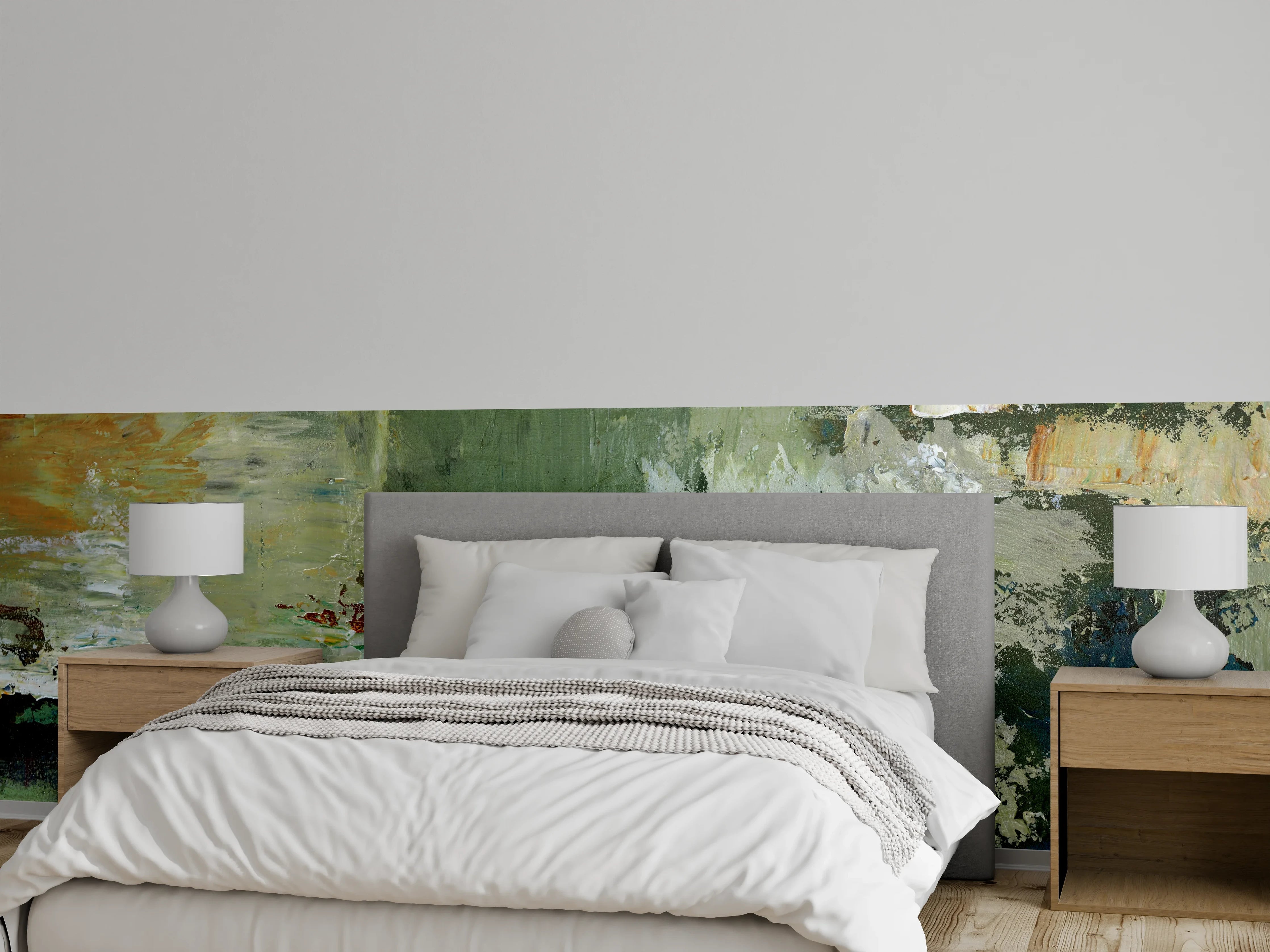 Wandverkleidung Schlafzimmer - Abstrakte Wandkunst in Grün und Weiß