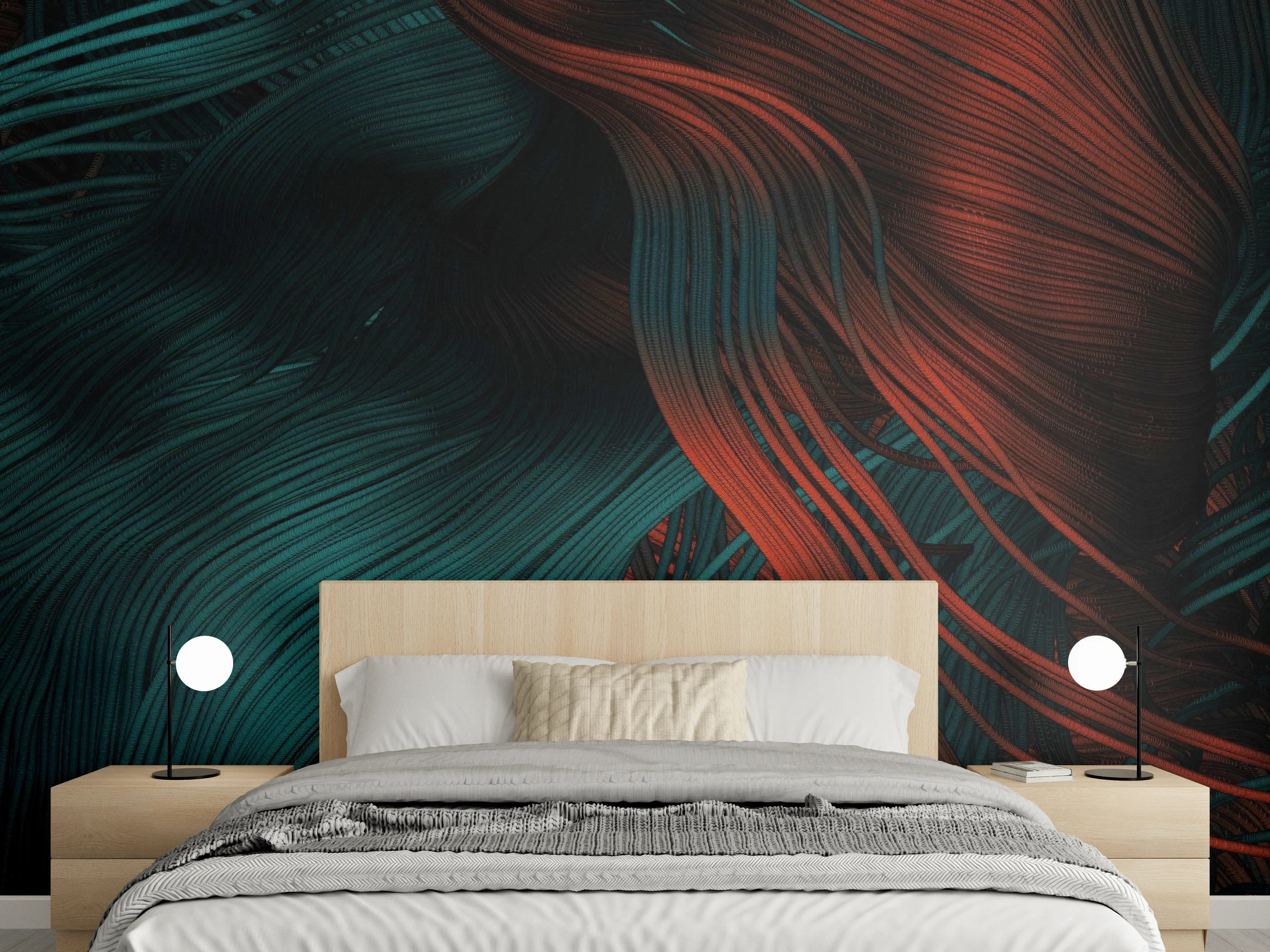 Wandverkleidung Schlafzimmer - Abstrakte Wandkunst in Rot und Petrol