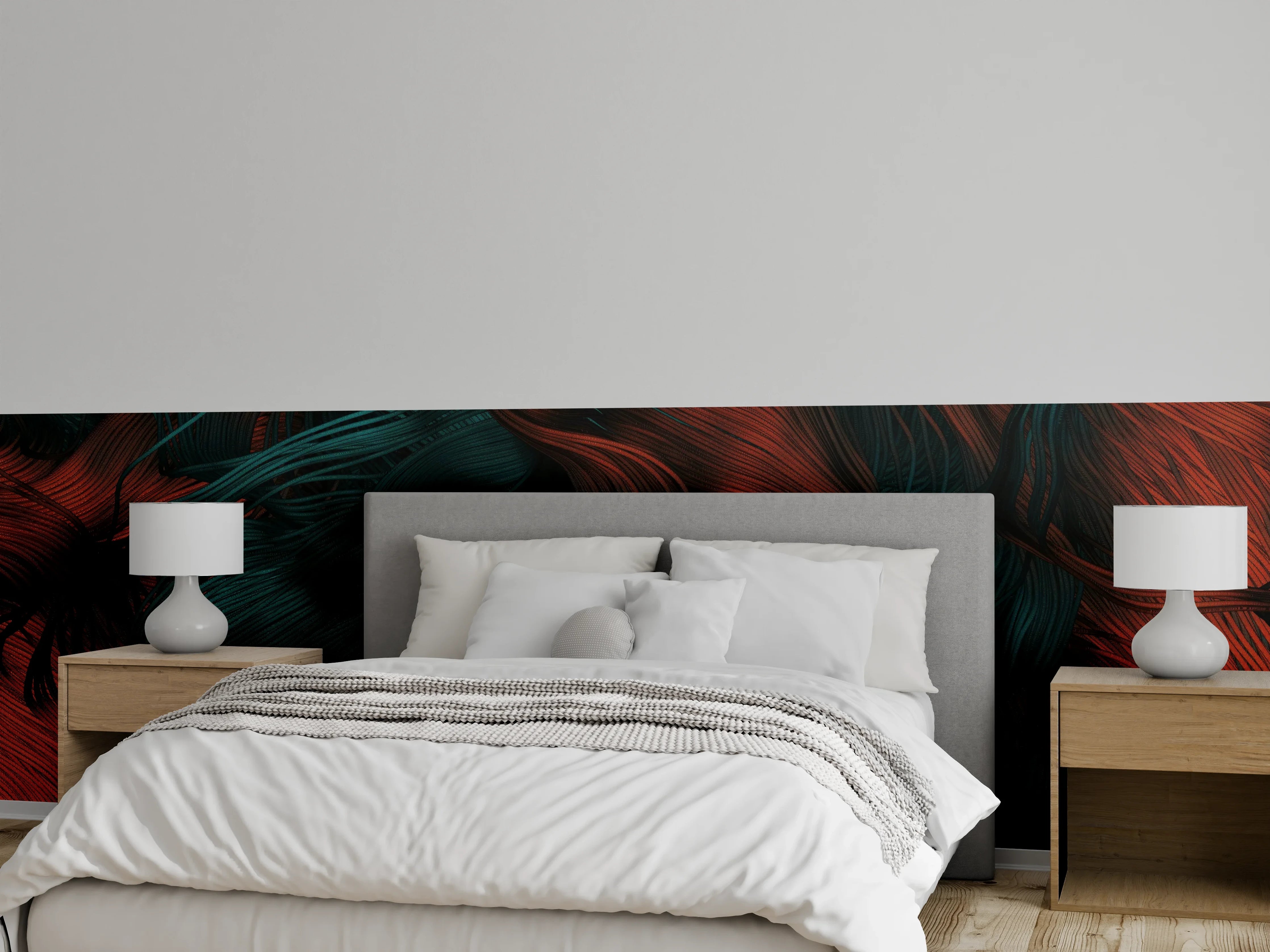 Wandverkleidung Schlafzimmer - Abstrakte Wandkunst in Rot und Petrol