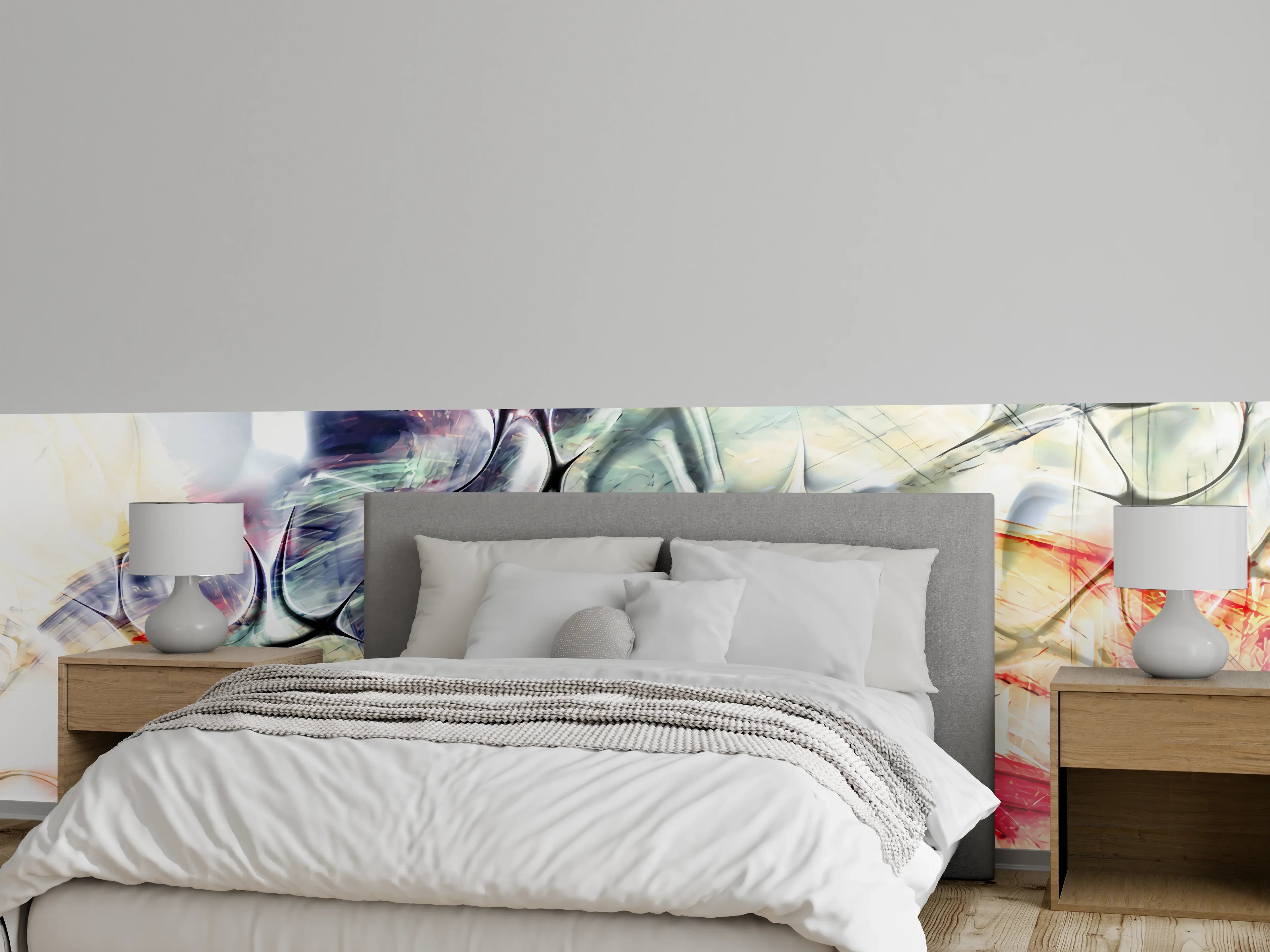 Wandverkleidung Schlafzimmer - Abstrakte Wandkunst in Weiß und Pastell