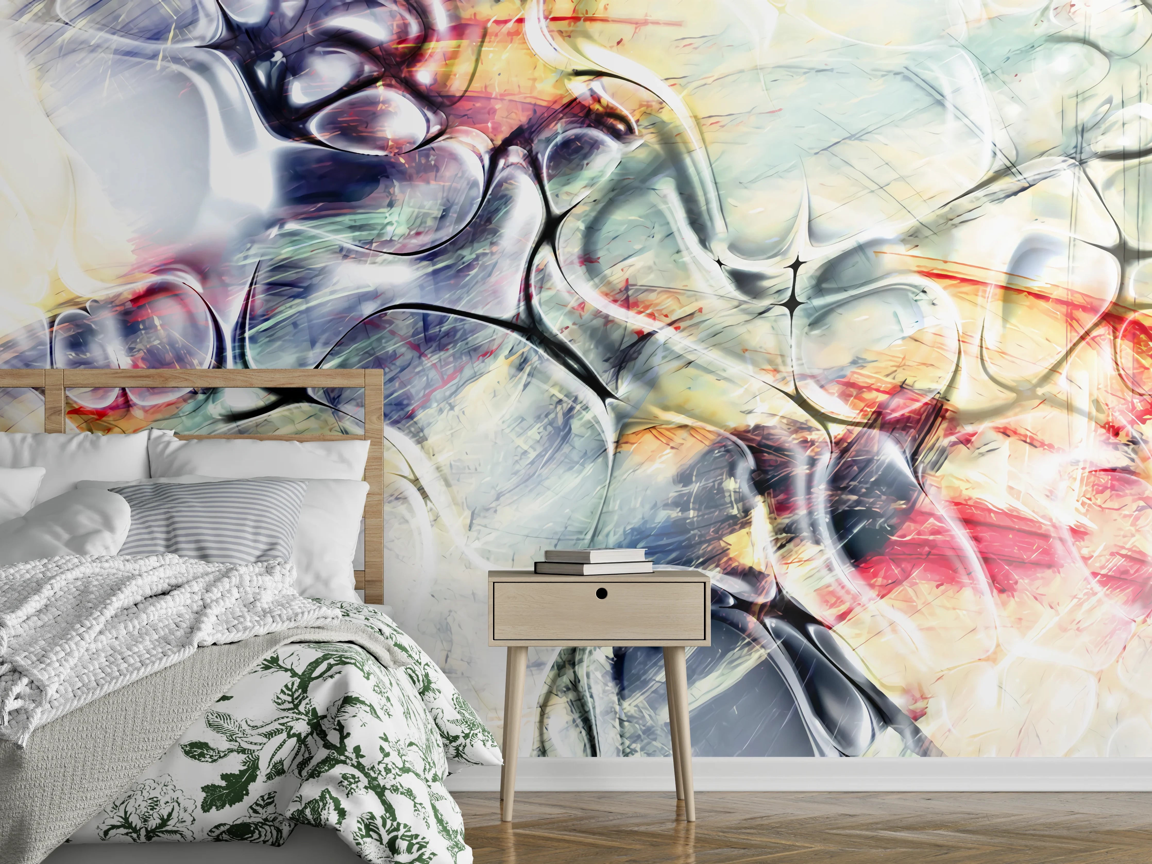 Wandverkleidung Schlafzimmer - Abstrakte Wandkunst in Weiß und Pastell
