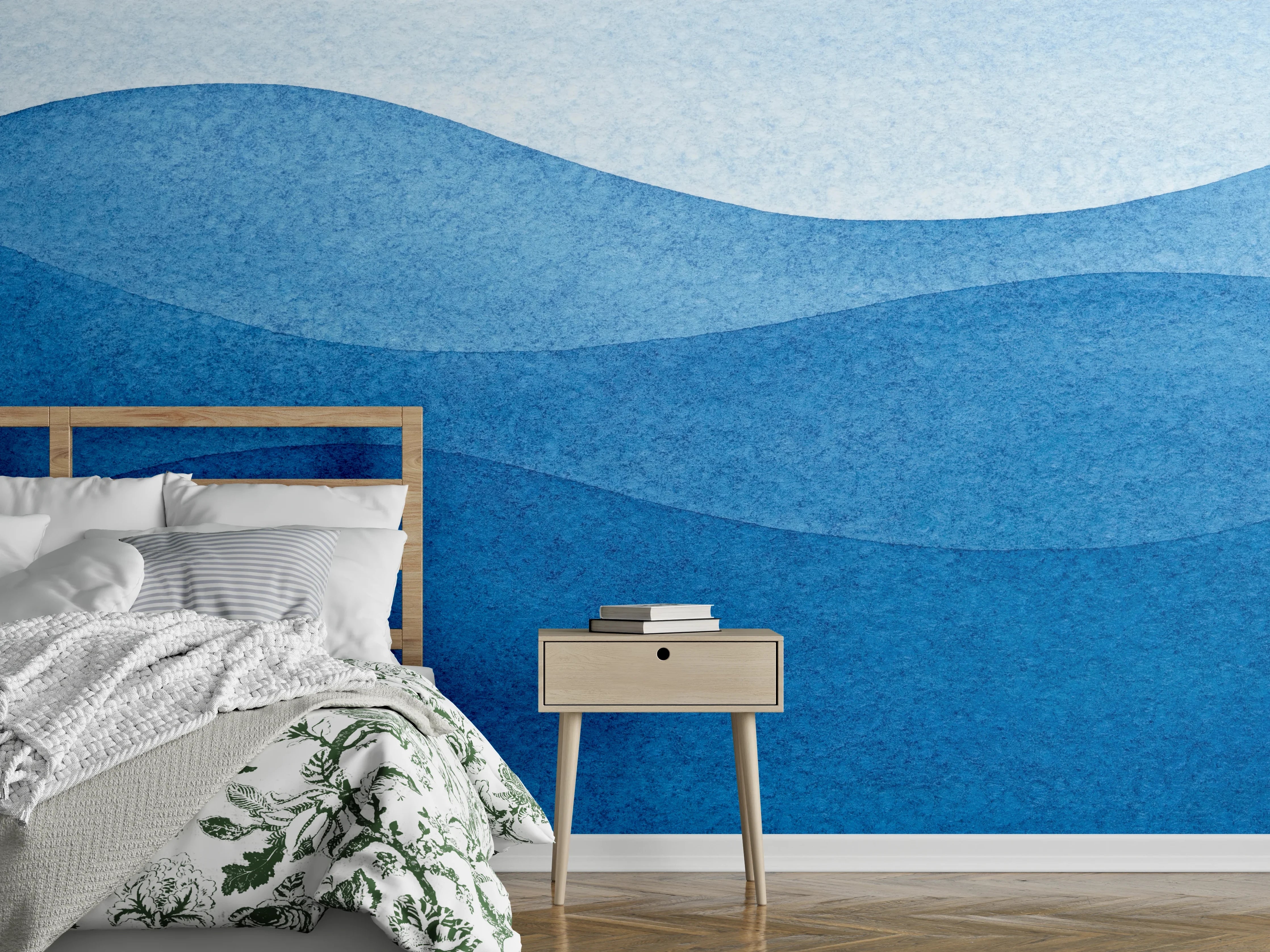 Wandverkleidung Schlafzimmer - Abstrakte Wasserwellen im Aquarell-Stil