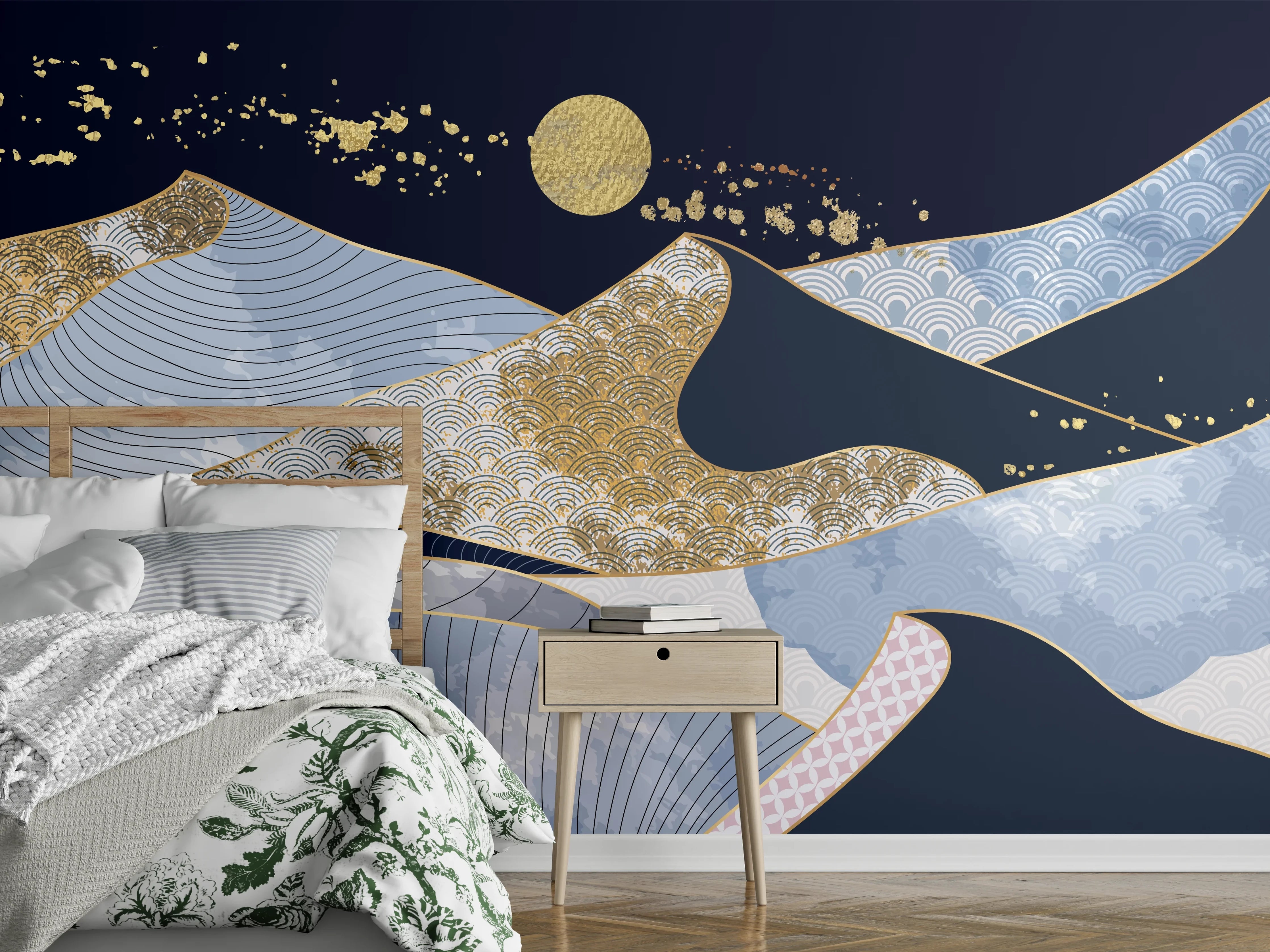 Wandverkleidung Schlafzimmer - Abstrakte Wellen Gold Blau