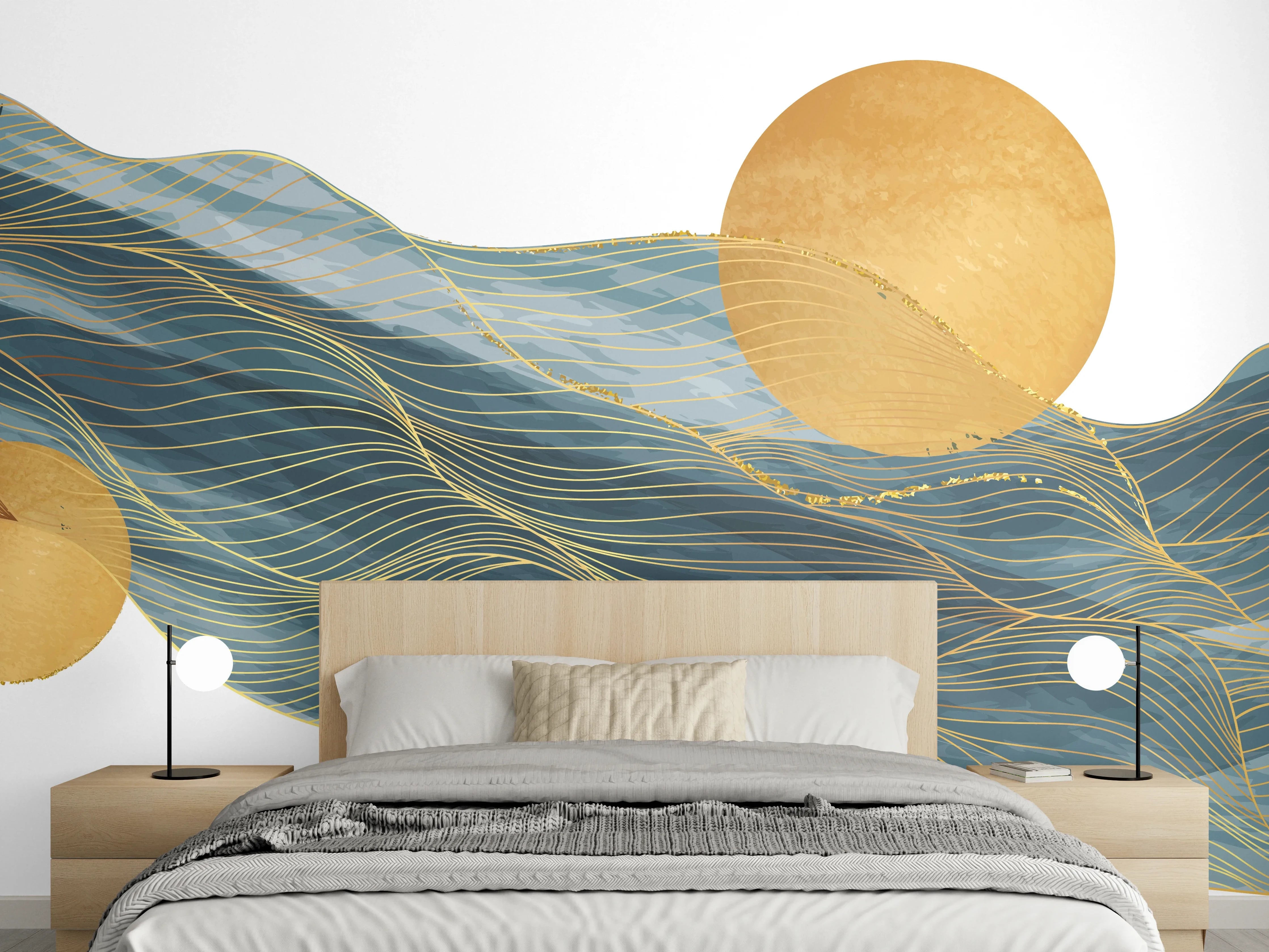 Wandverkleidung Schlafzimmer - Abstrakte Wellen Goldakzente