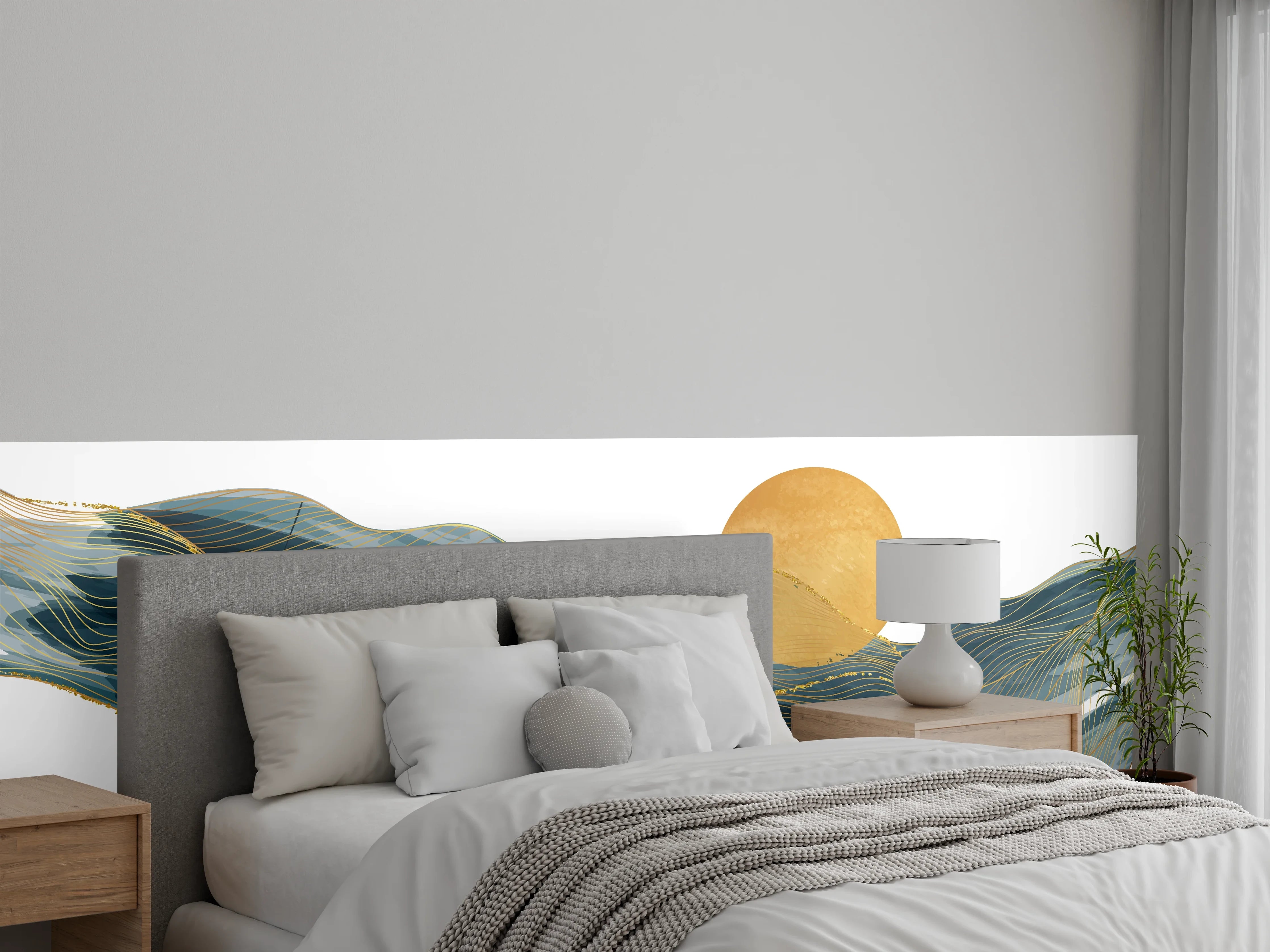 Wandverkleidung Schlafzimmer - Abstrakte Wellen Goldakzente