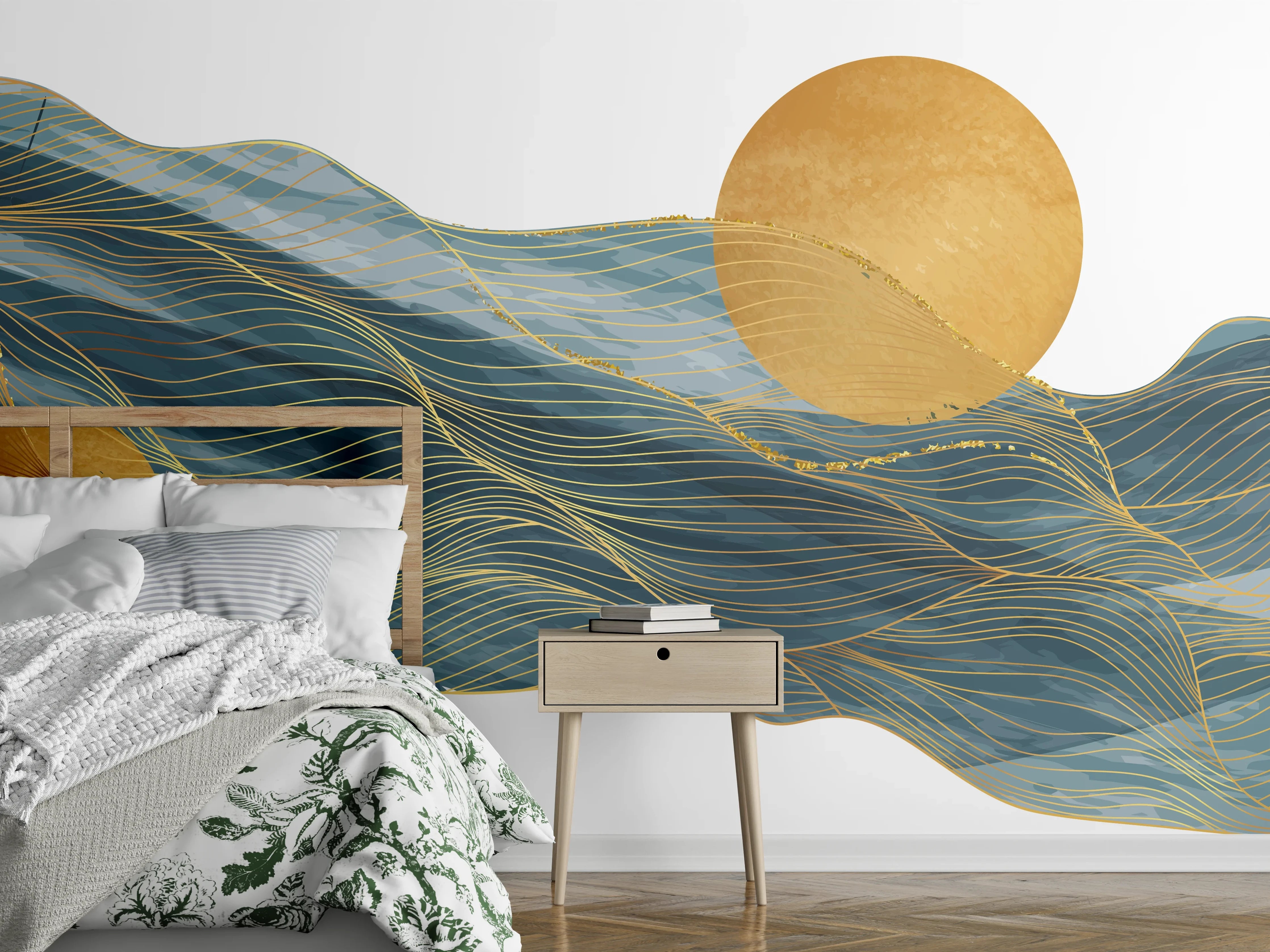 Wandverkleidung Schlafzimmer - Abstrakte Wellen Goldakzente