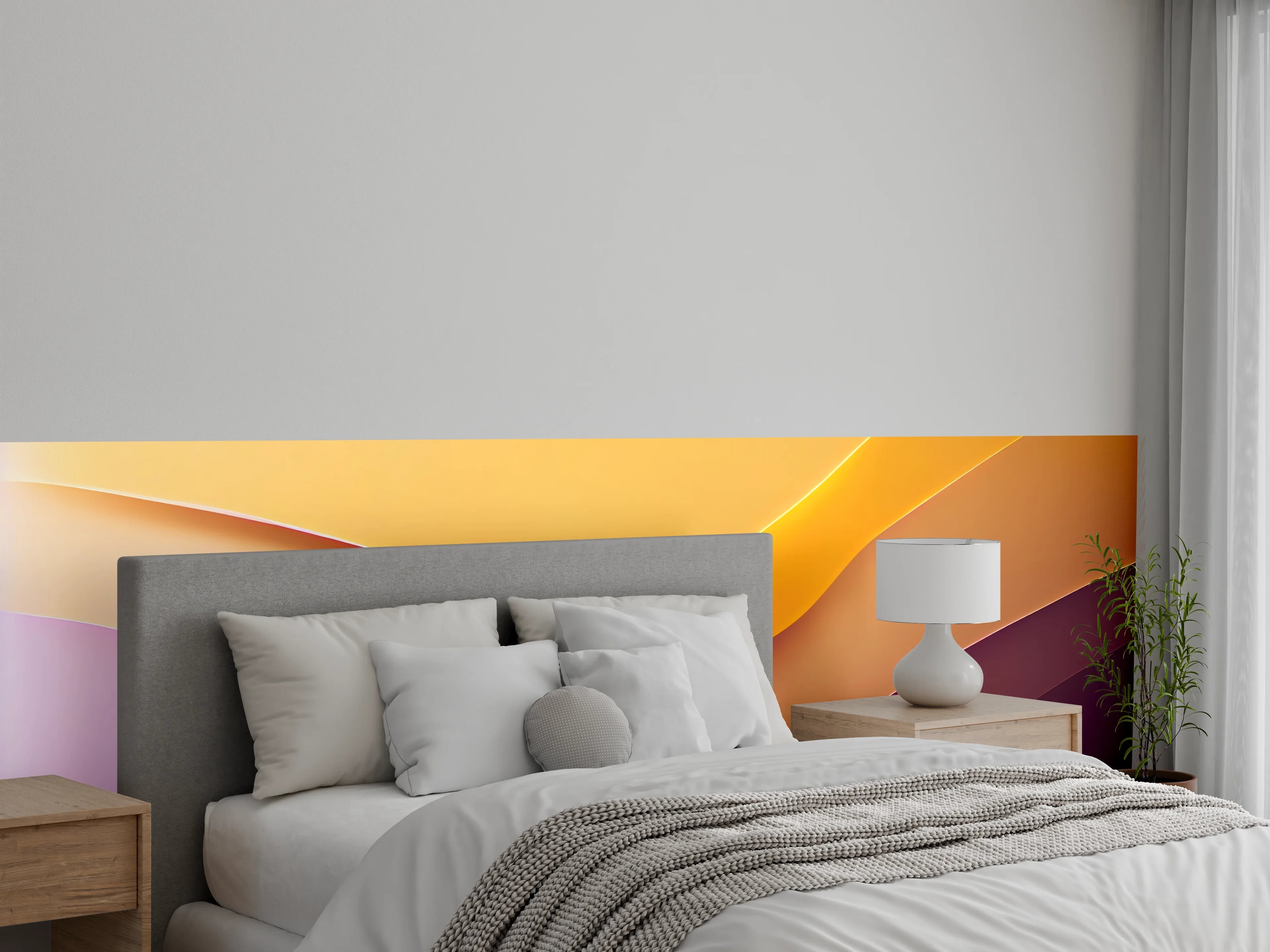 Wandverkleidung Schlafzimmer - Abstrakte Wellen in Gelb und Lila