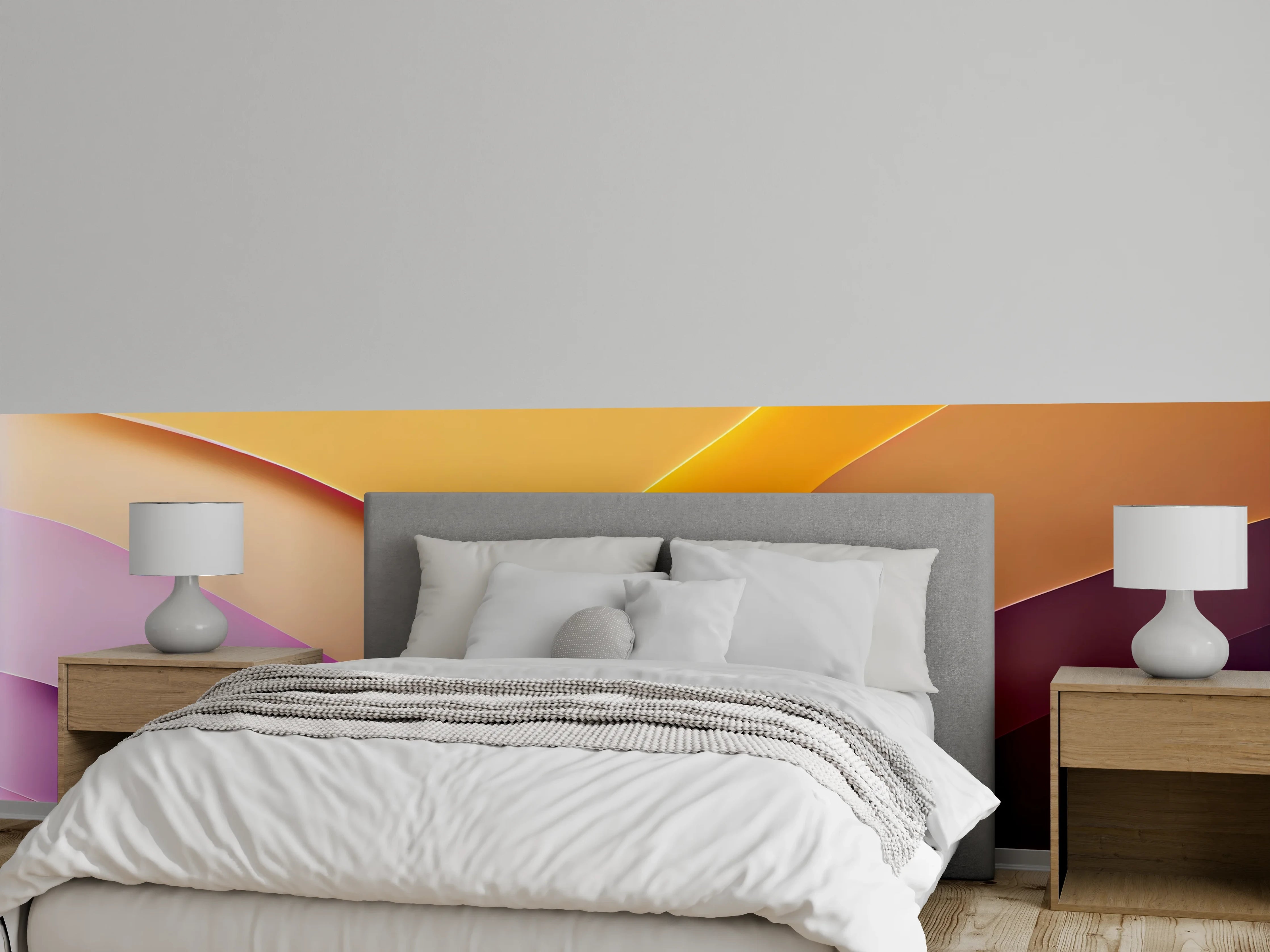 Wandverkleidung Schlafzimmer - Abstrakte Wellen in Gelb und Lila