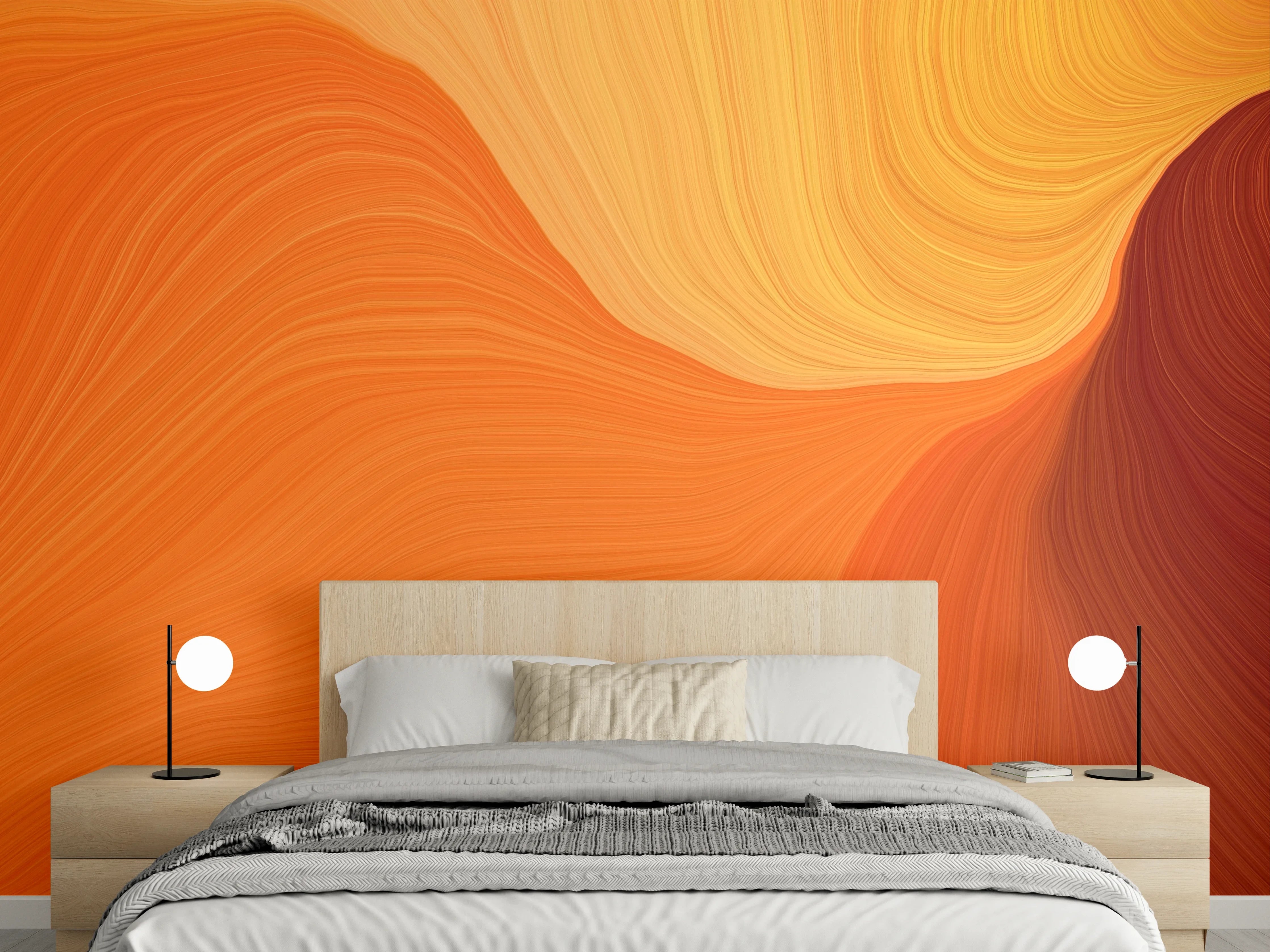 Wandverkleidung Schlafzimmer - Abstrakte Wellen in Orange und Gelb