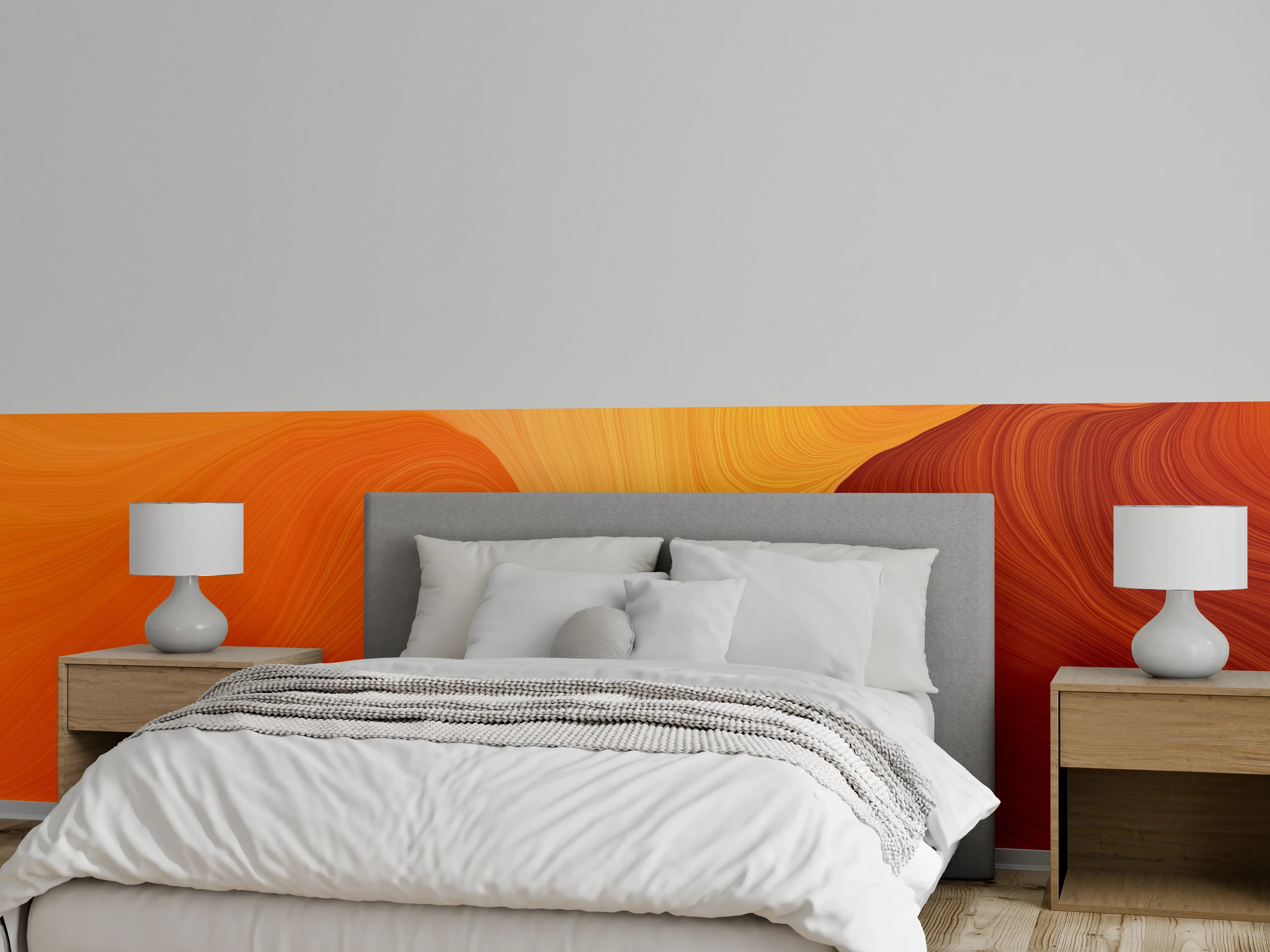 Wandverkleidung Schlafzimmer - Abstrakte Wellen in Orange und Gelb