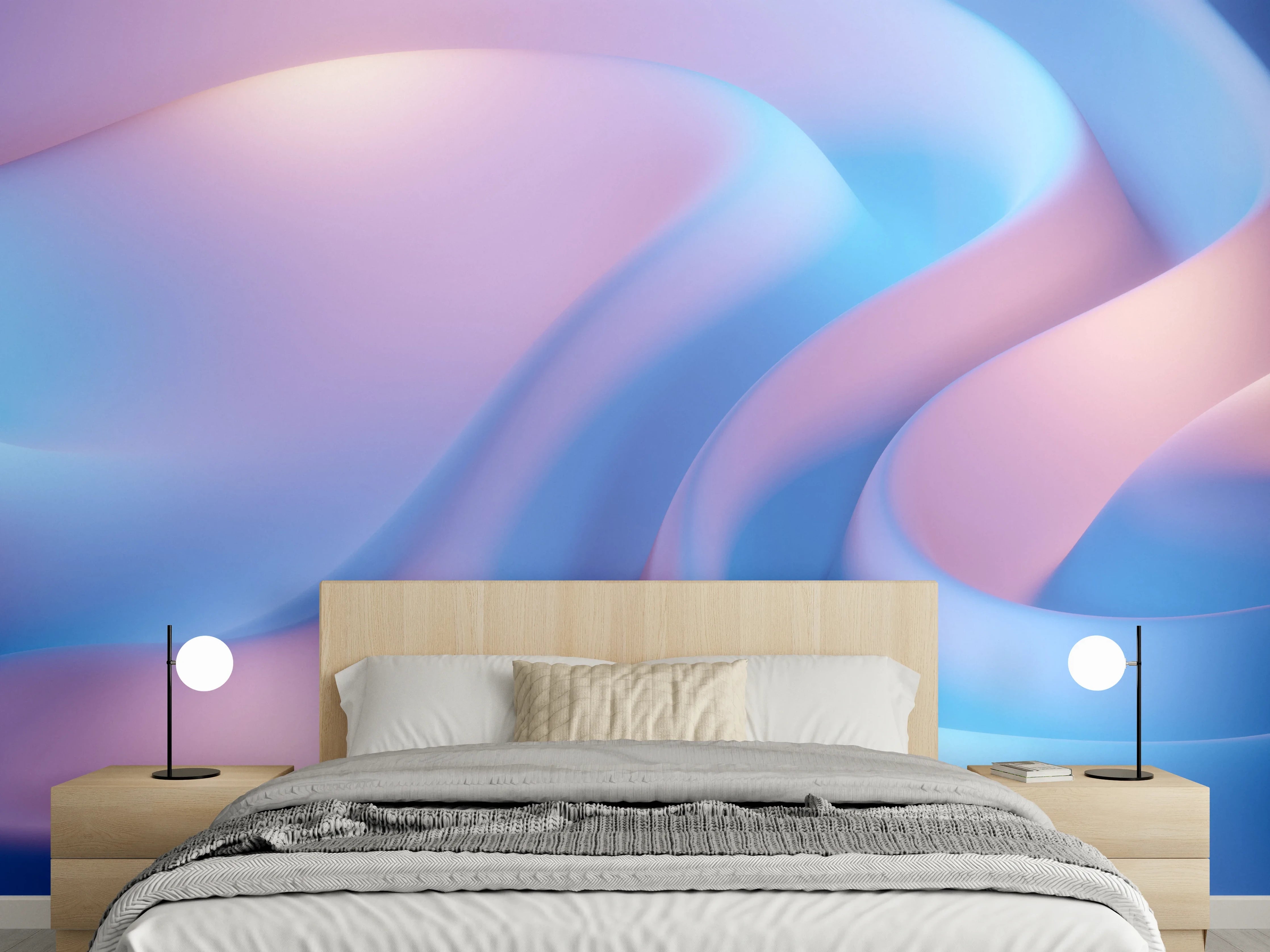 Wandverkleidung Schlafzimmer - Abstrakte Wellen in Pastellrosa und Blau