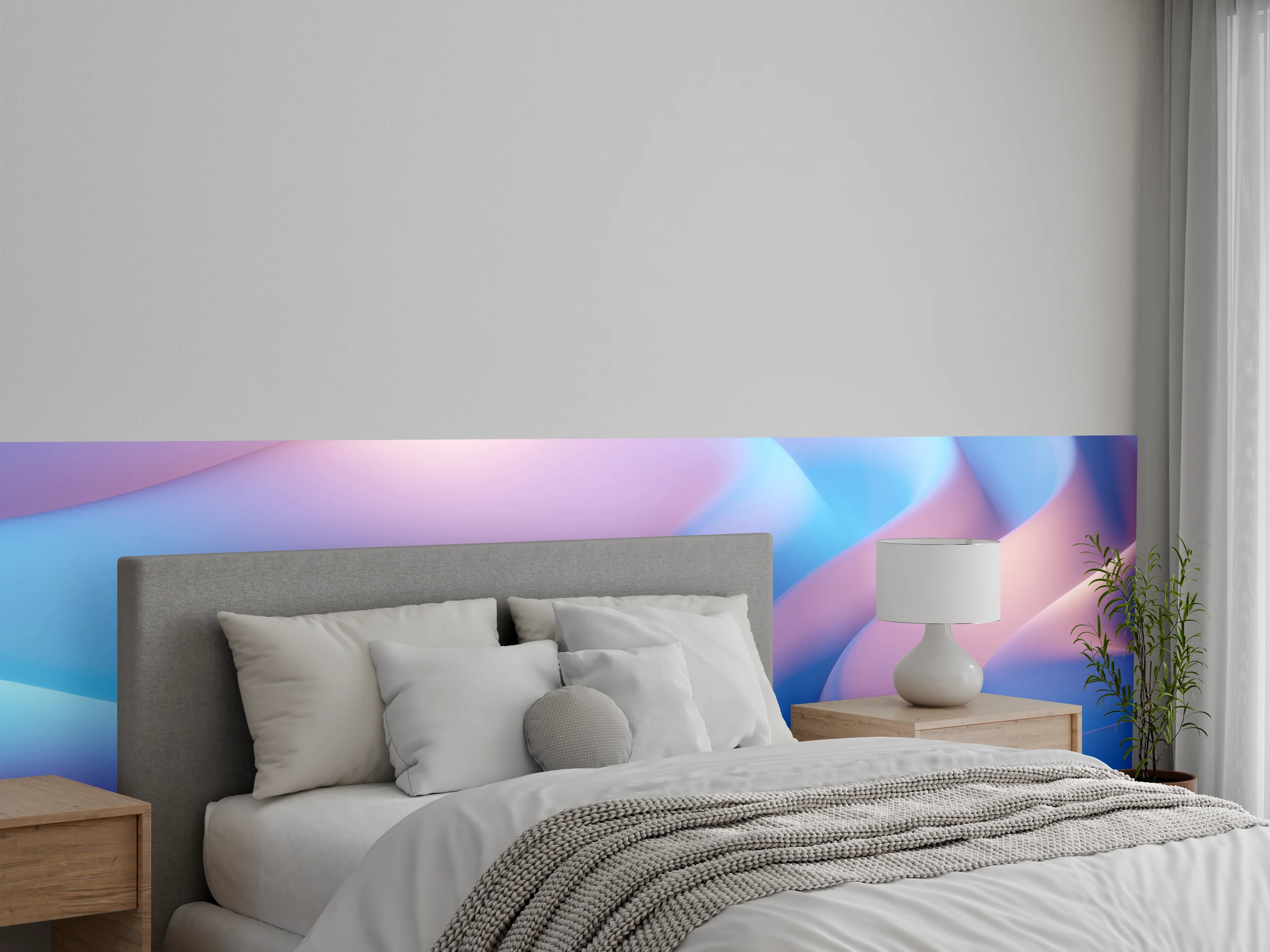 Wandverkleidung Schlafzimmer - Abstrakte Wellen in Pastellrosa und Blau