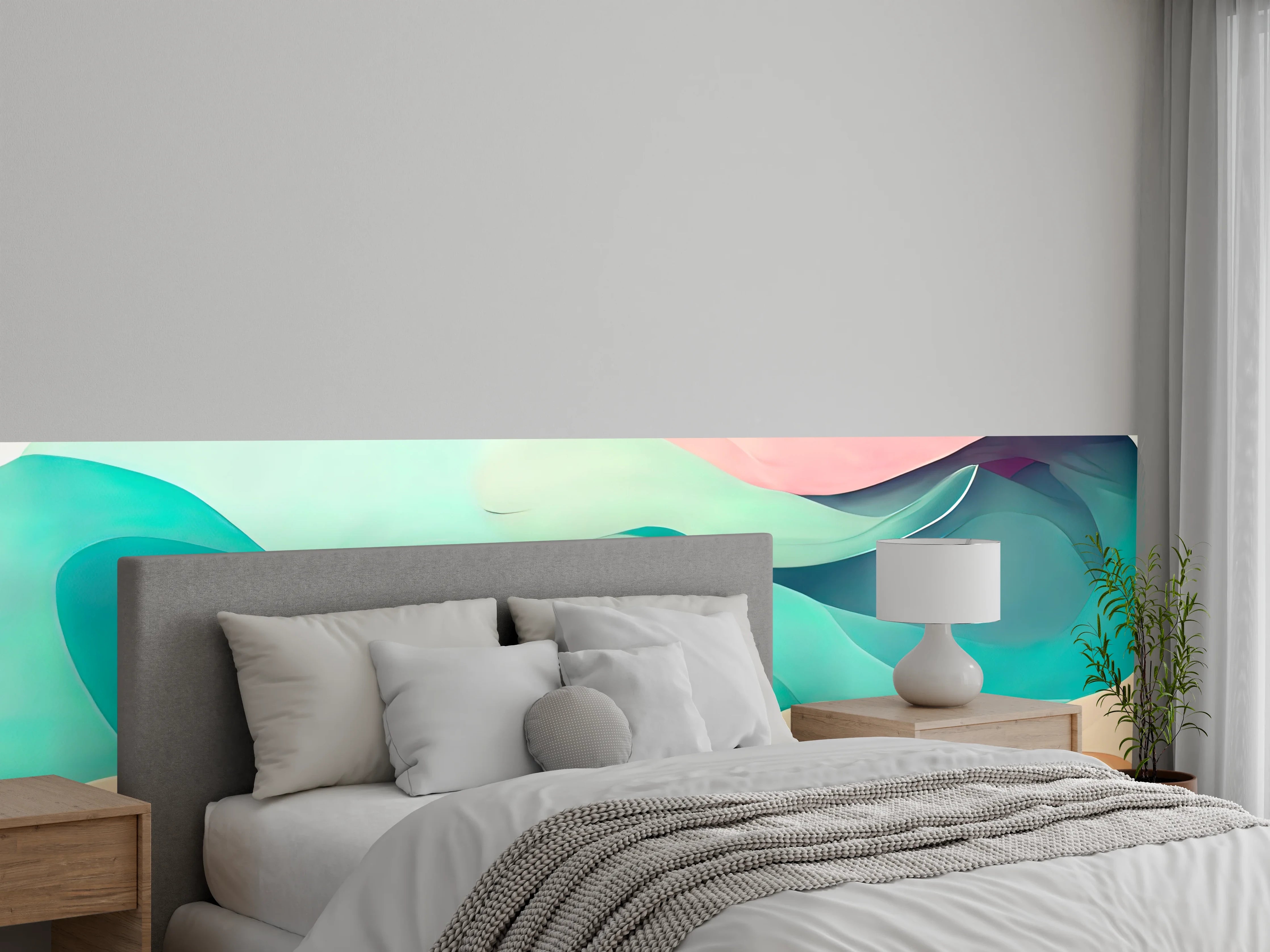 Wandverkleidung Schlafzimmer - Abstrakte Wellen in sanften Pastellfarben