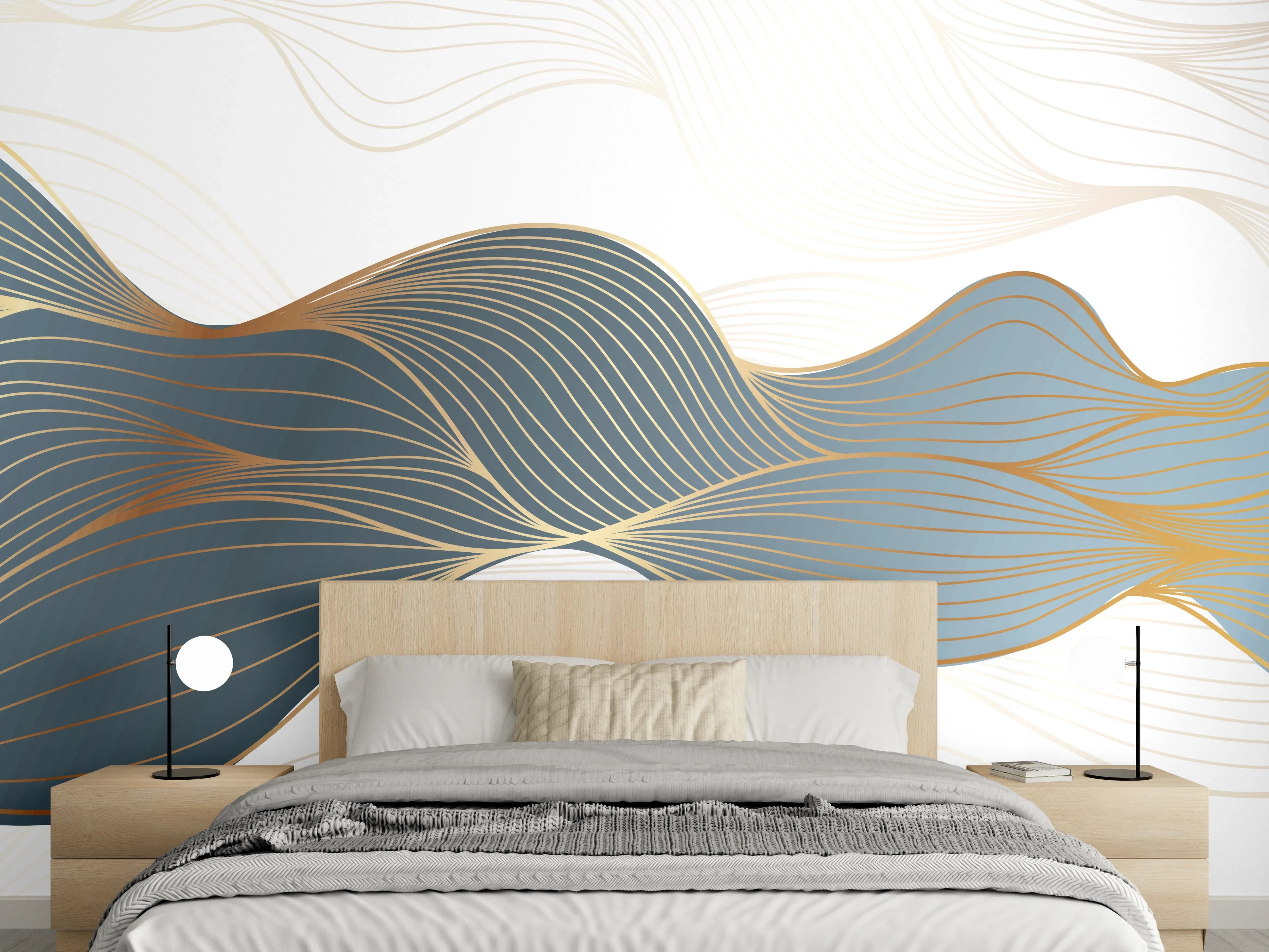 Wandverkleidung Schlafzimmer - Abstrakte Wellenlinien Gold Blau