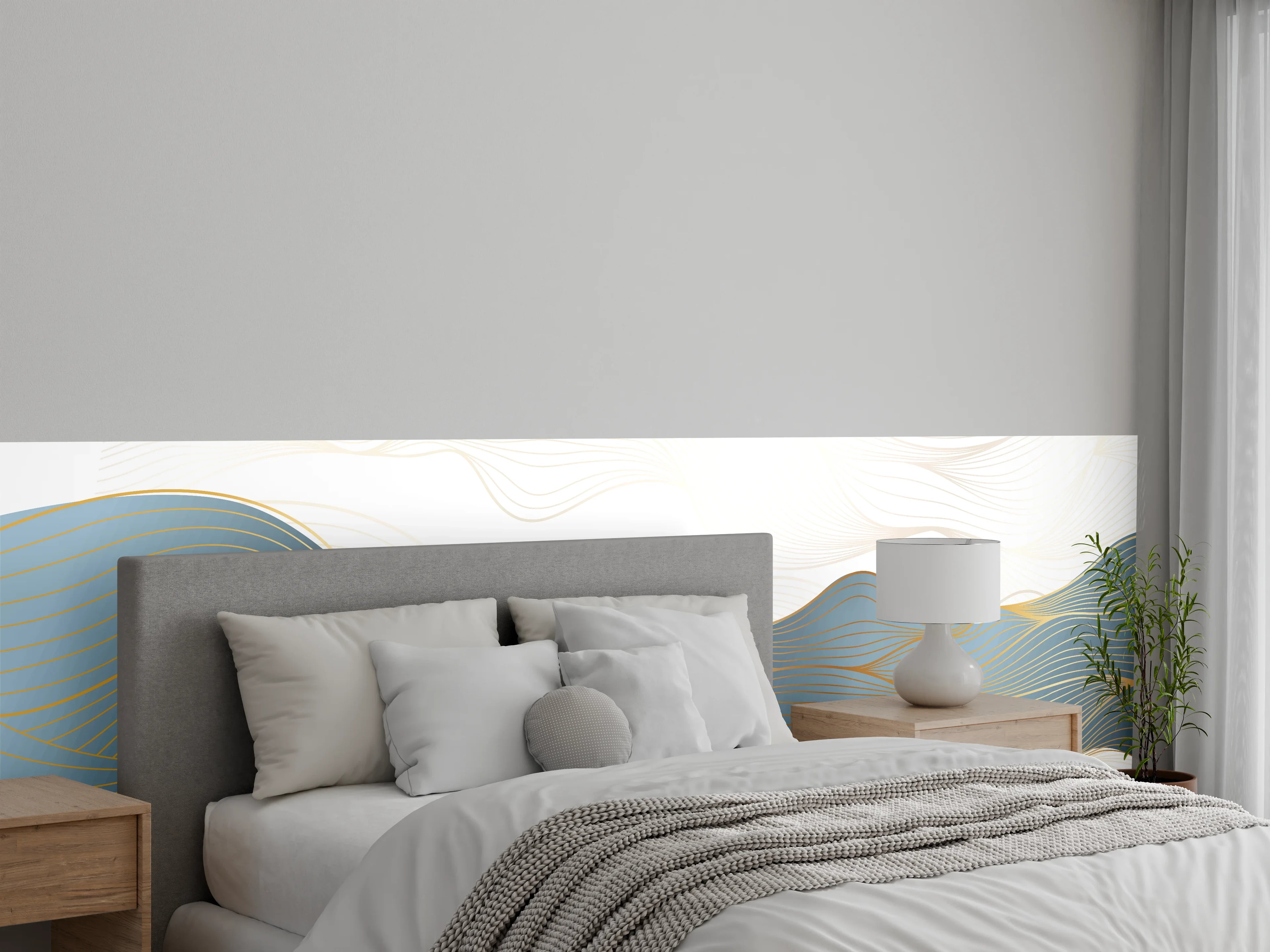 Wandverkleidung Schlafzimmer - Abstrakte Wellenlinien Gold Blau