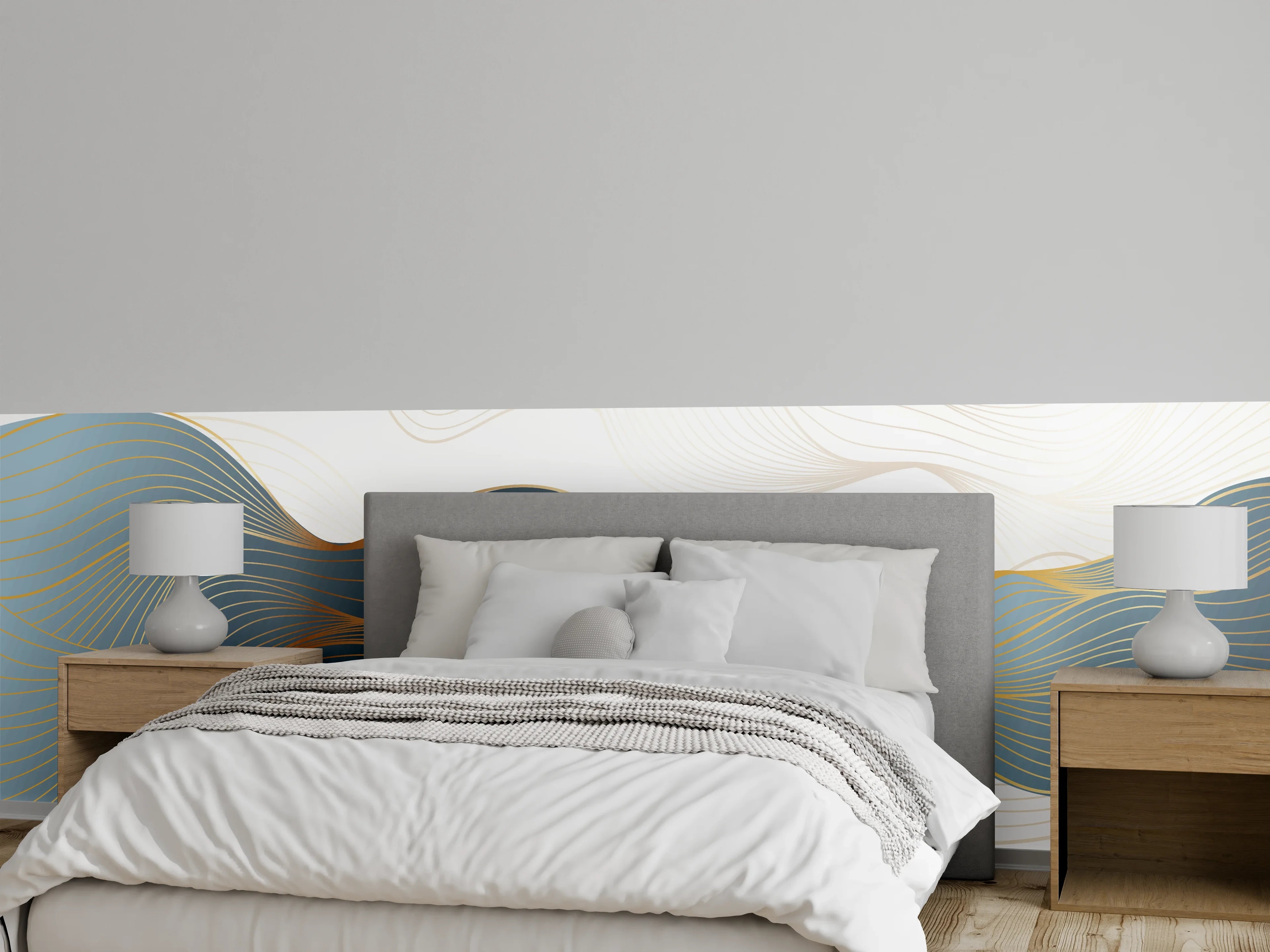 Wandverkleidung Schlafzimmer - Abstrakte Wellenlinien Gold Blau