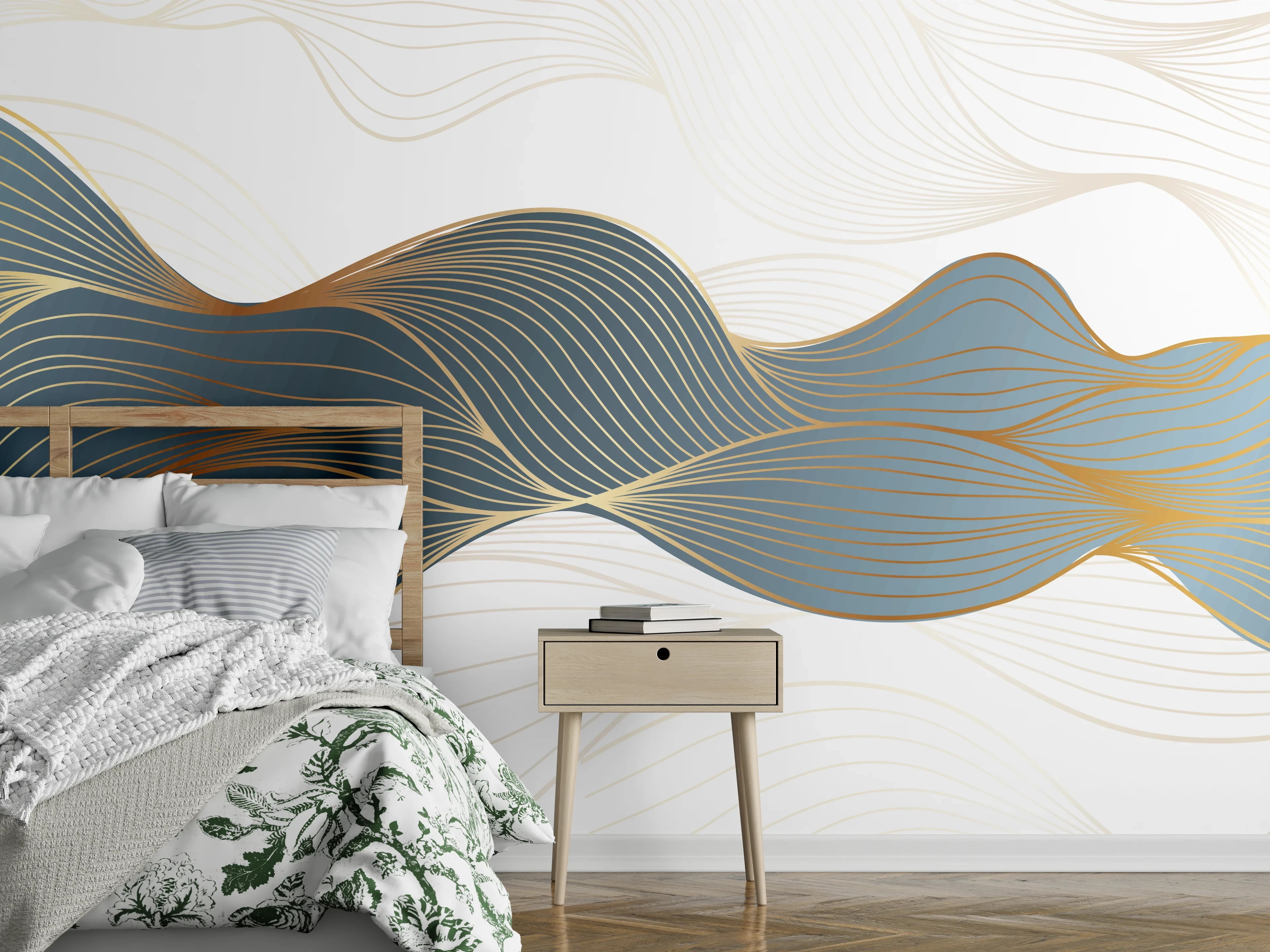 Wandverkleidung Schlafzimmer - Abstrakte Wellenlinien Gold Blau