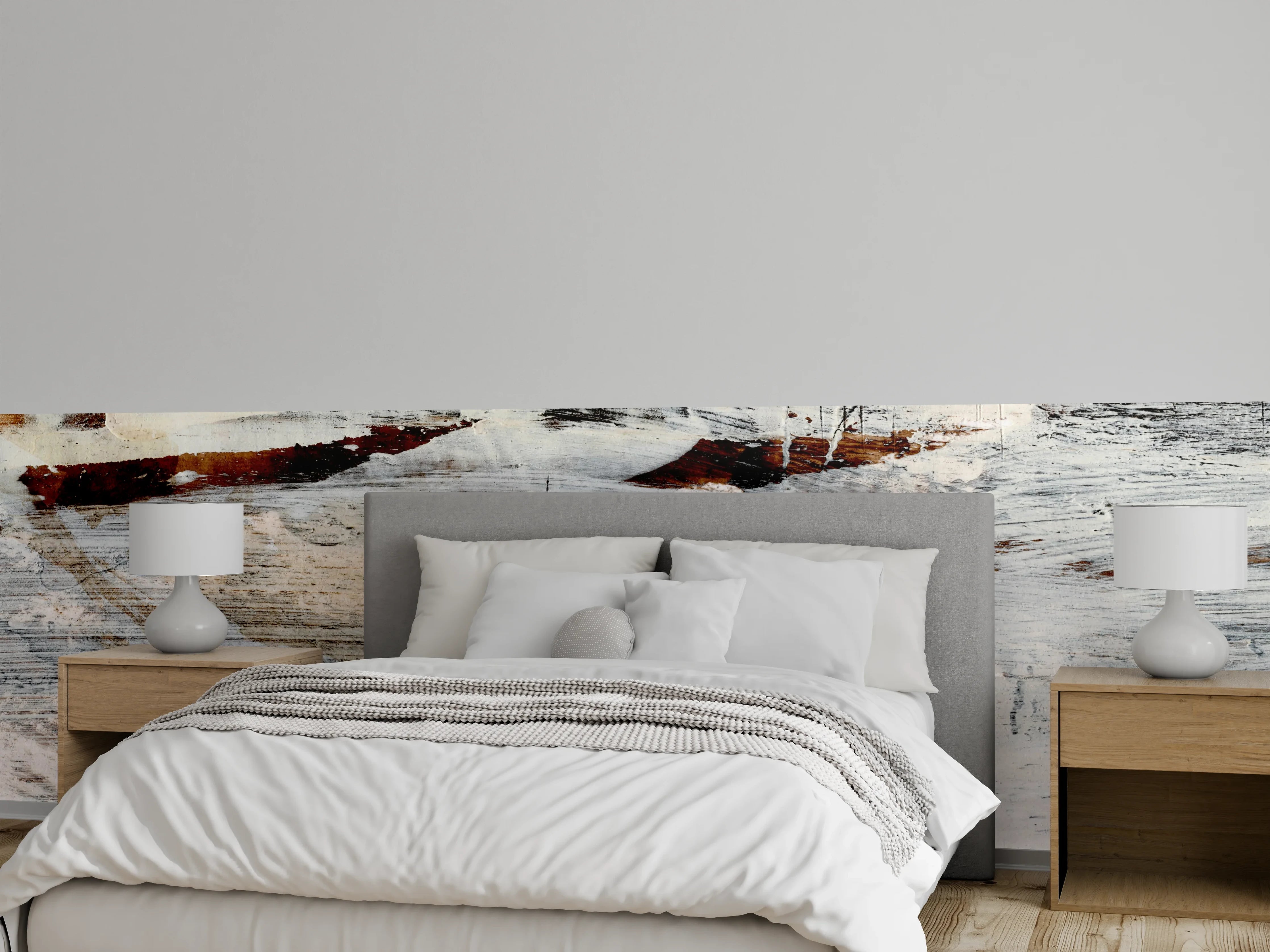 Wandverkleidung Schlafzimmer - Abstrakte Winterlandschaft in Weiß und Grau