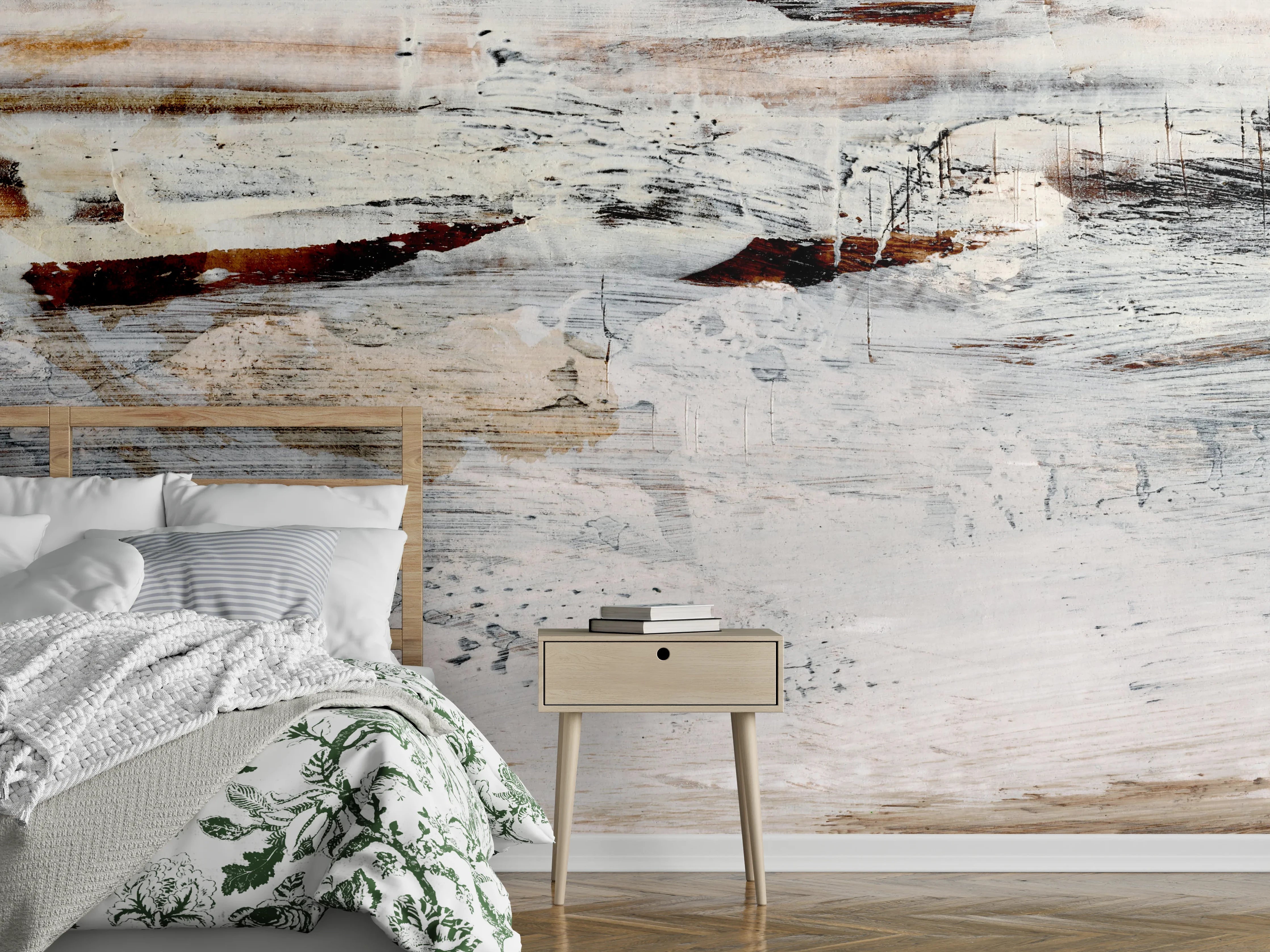 Wandverkleidung Schlafzimmer - Abstrakte Winterlandschaft in Weiß und Grau