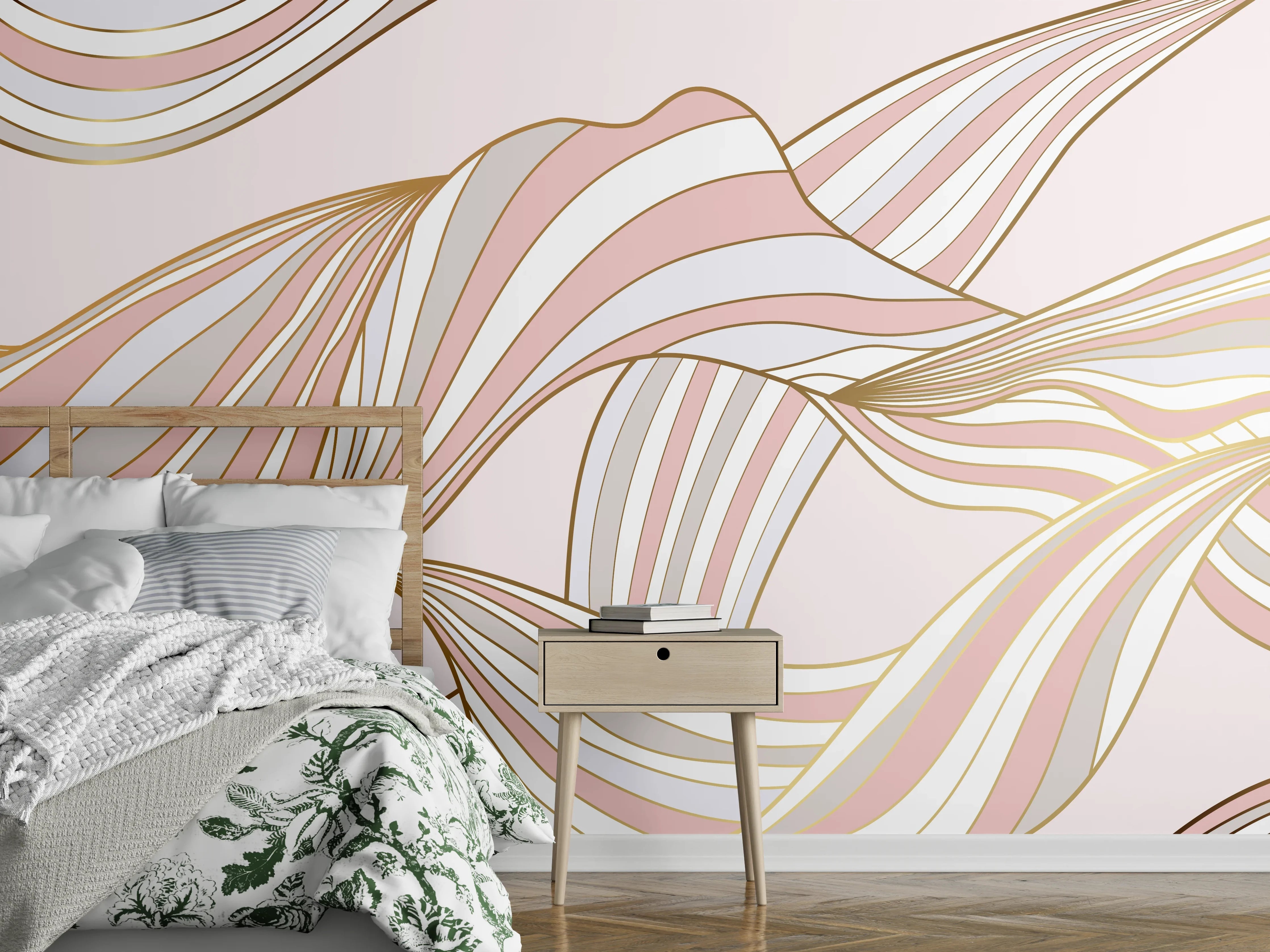 Wandverkleidung Schlafzimmer - Abstrakte Wogen Rosa Gold