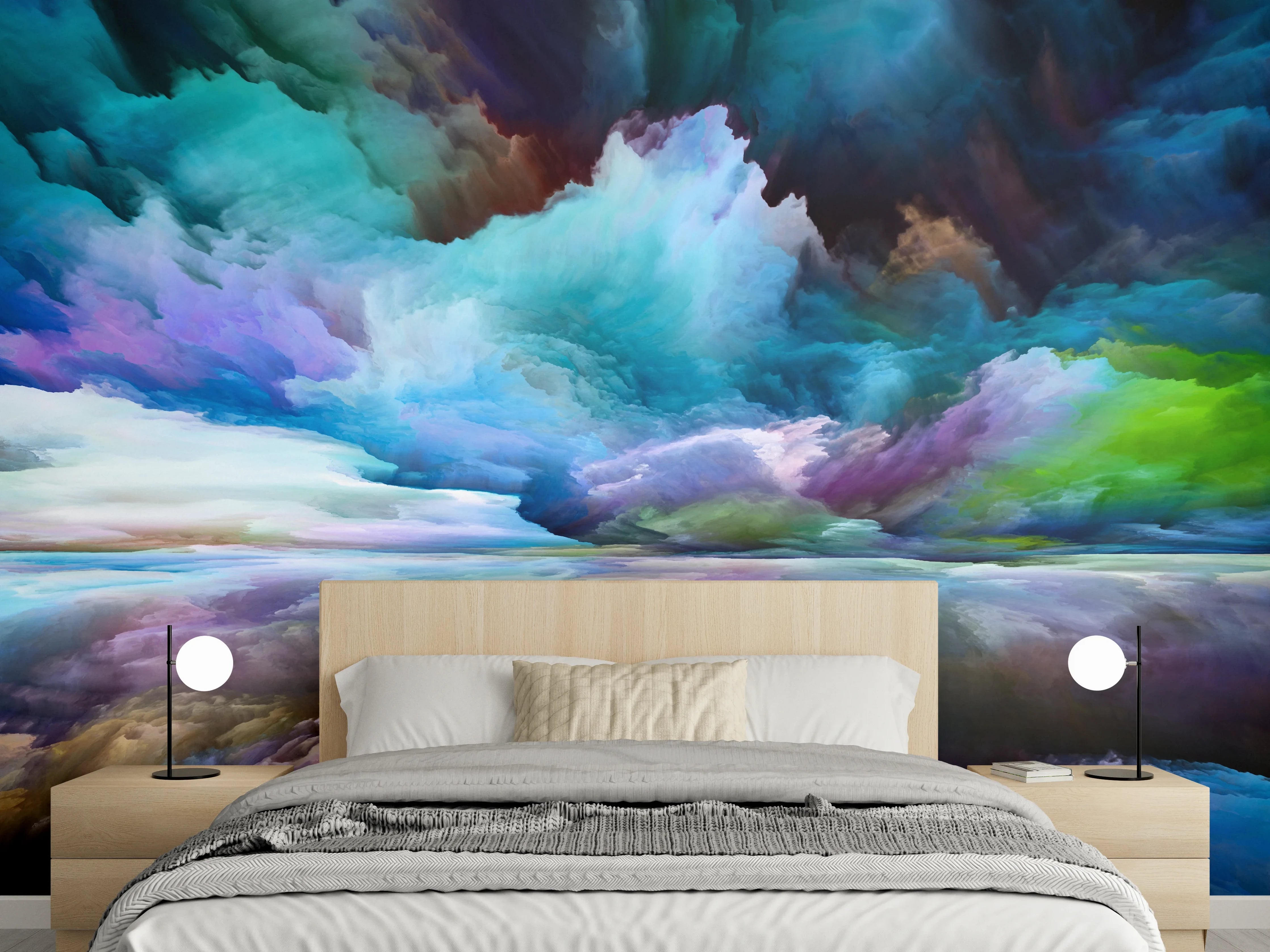 Wandverkleidung Schlafzimmer - Abstrakte Wolkenmalerei in kräftigen Farben