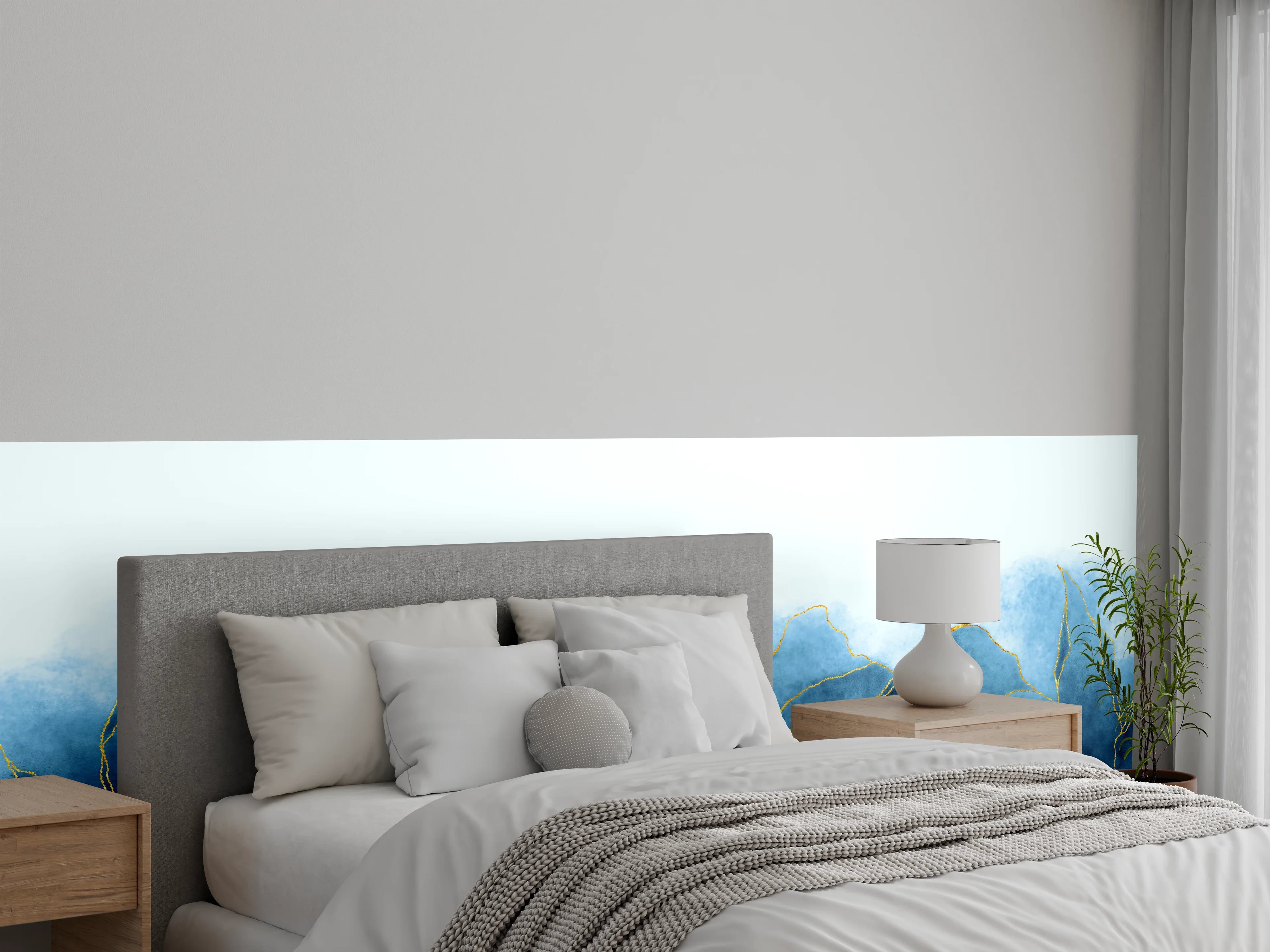 Wandverkleidung Schlafzimmer - Abstrakte blaue Aquarelllandschaft mit Gold