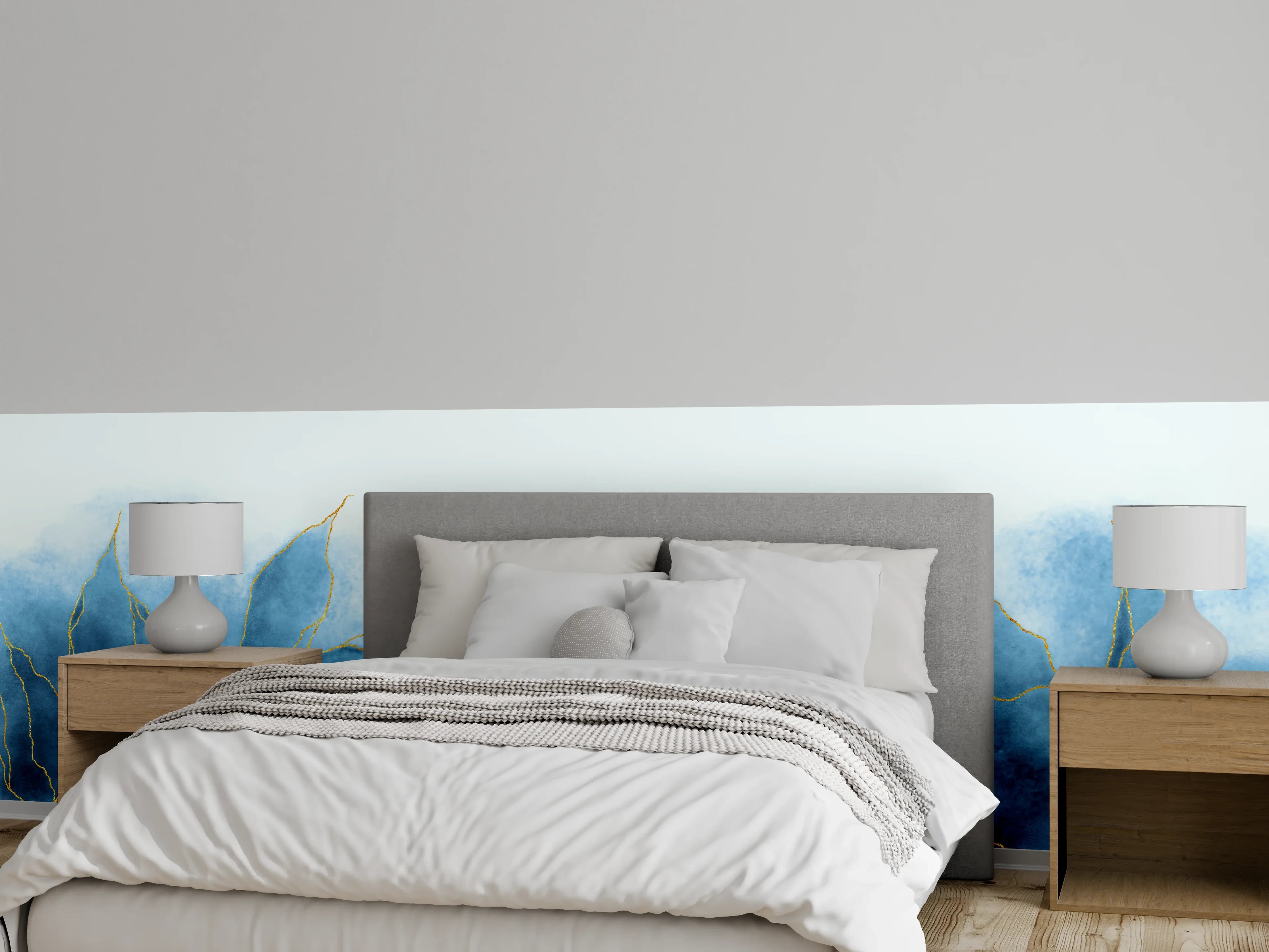 Wandverkleidung Schlafzimmer - Abstrakte blaue Aquarelllandschaft mit Gold