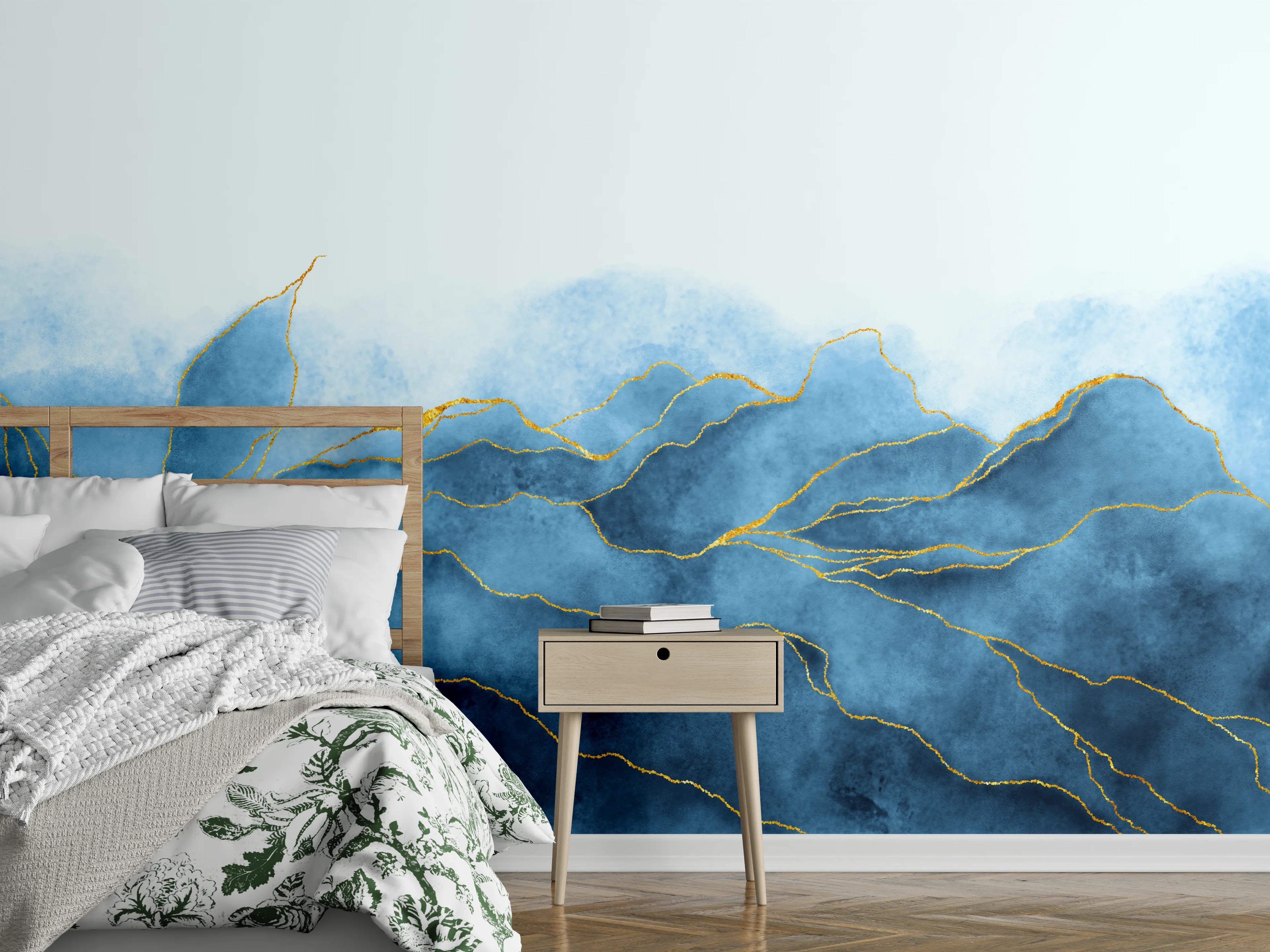 Wandverkleidung Schlafzimmer - Abstrakte blaue Aquarelllandschaft mit Gold