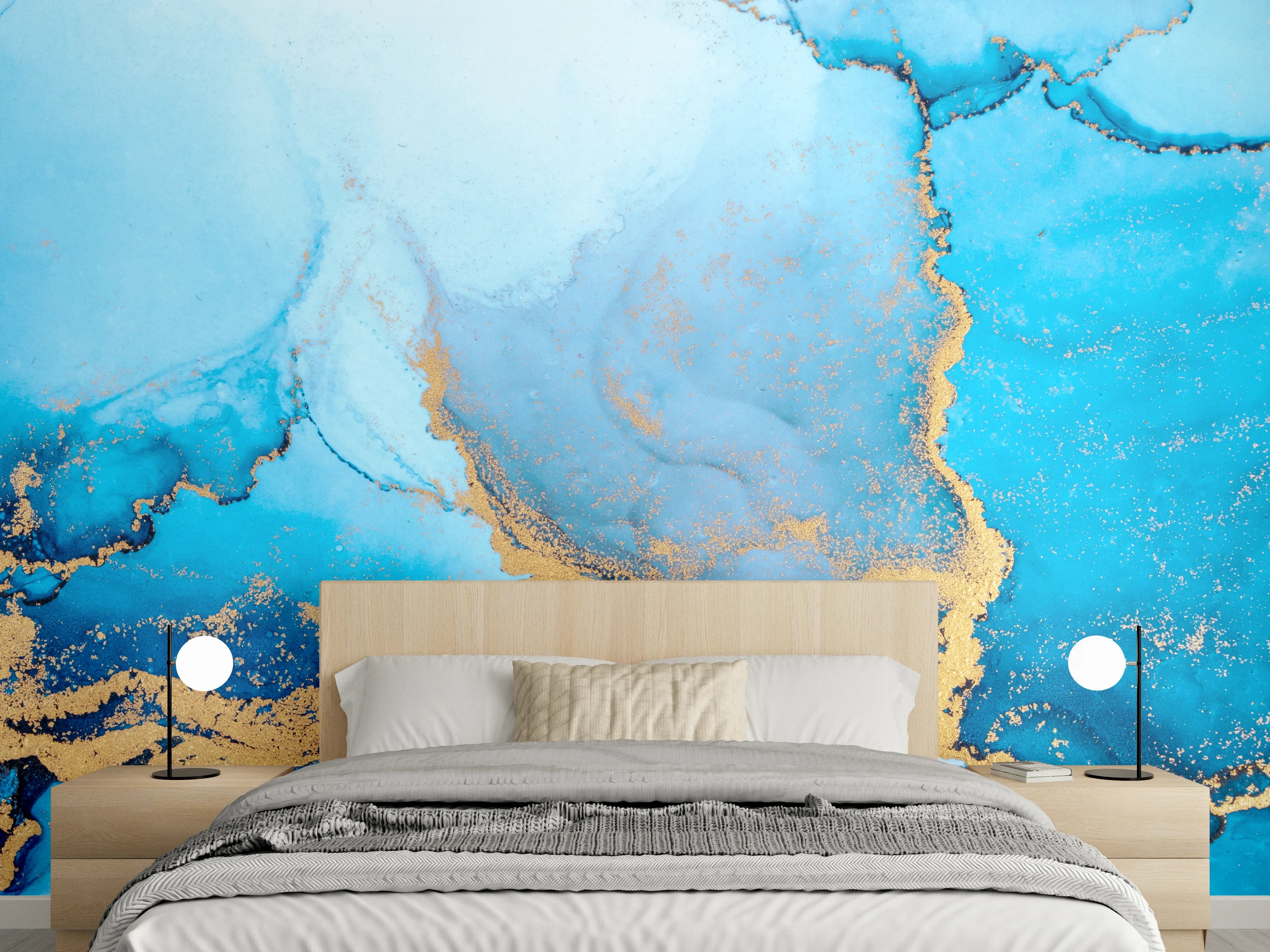 Wandverkleidung Schlafzimmer - Abstrakte blaue Marmoroptik mit Gold
