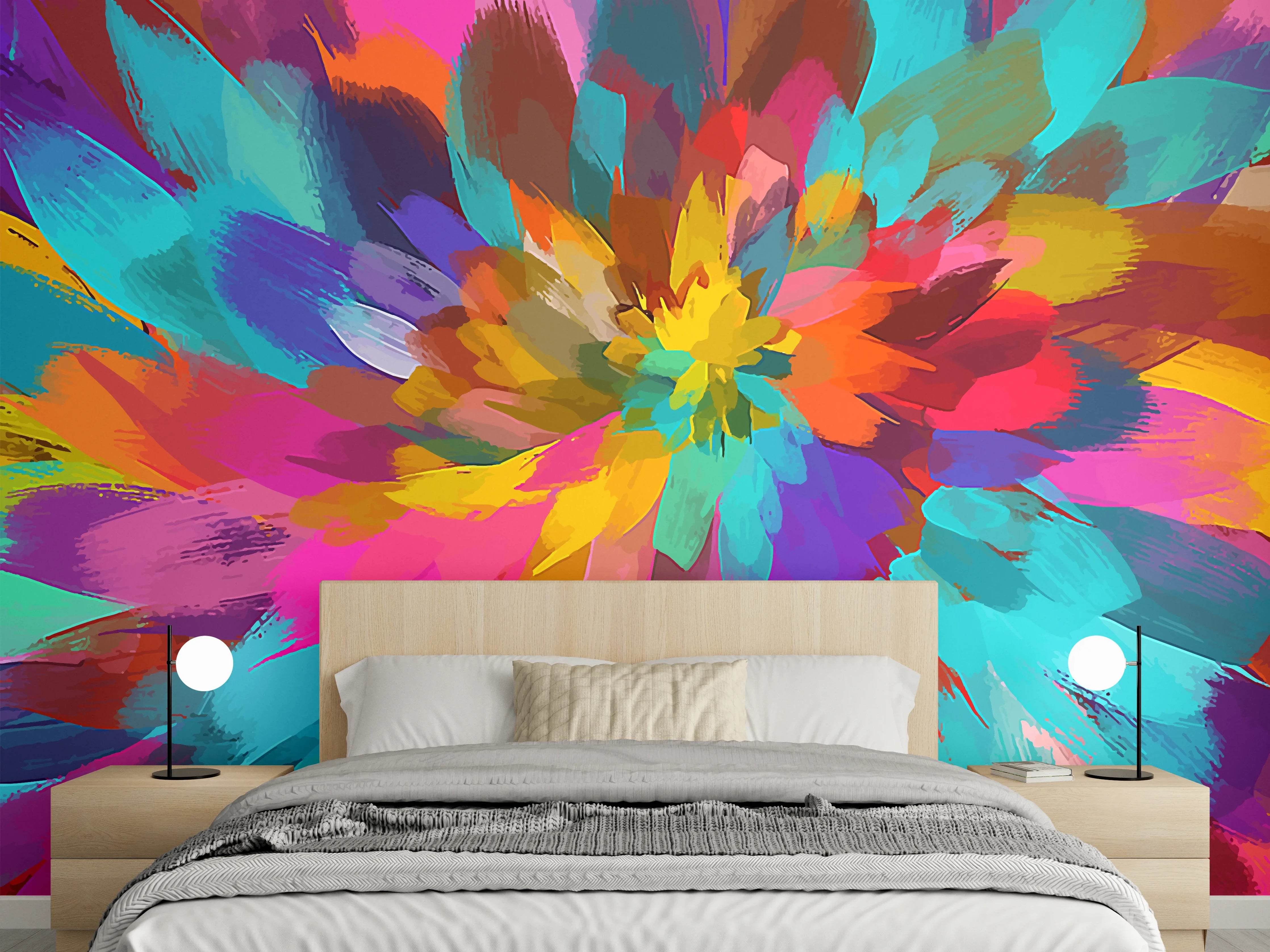 Wandverkleidung Schlafzimmer - Abstrakte bunte Blumenexplosion